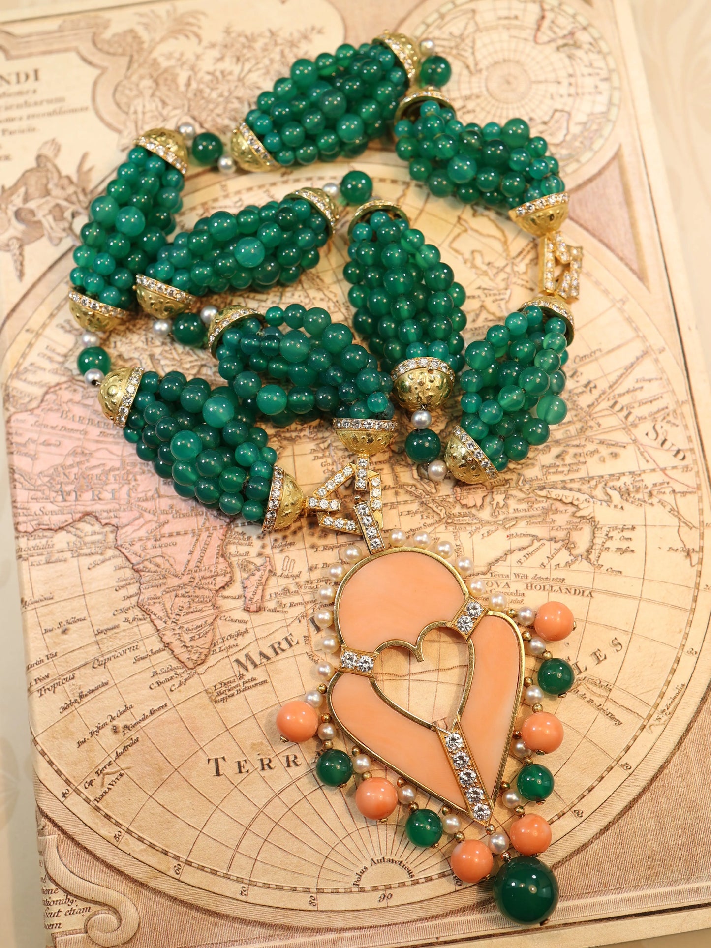 Cartier, 18K Gold Chrysoprase Bead Coral Diamond Pearl Pendant Necklace Cartier