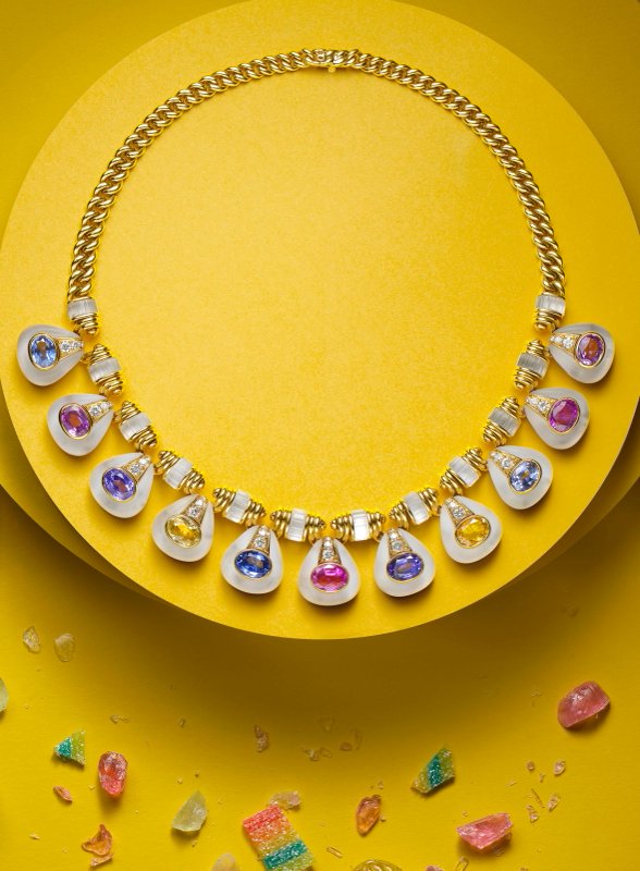 Bvlgari, 18K Gold Ceylon no-heat Color Sapphire Rock-crystal Diamond Necklace and Earrings, AGL