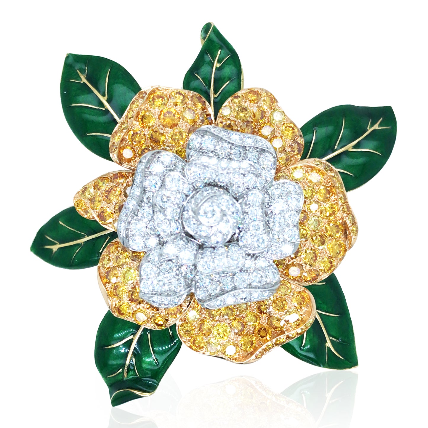 Oscar Heyman, Platinum 18K Gold Fancy Color Diamond Diamond Gardenia Brooch, Certificate