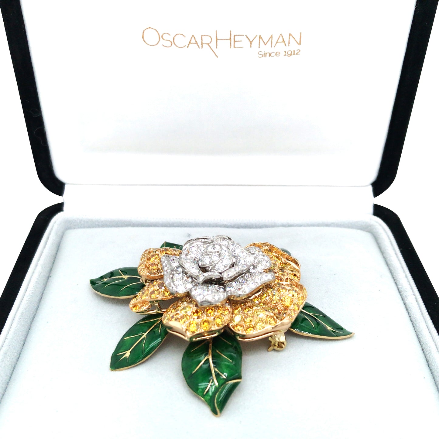 Oscar Heyman, Platinum 18K Gold Fancy Color Diamond Diamond Gardenia Brooch, Certificate