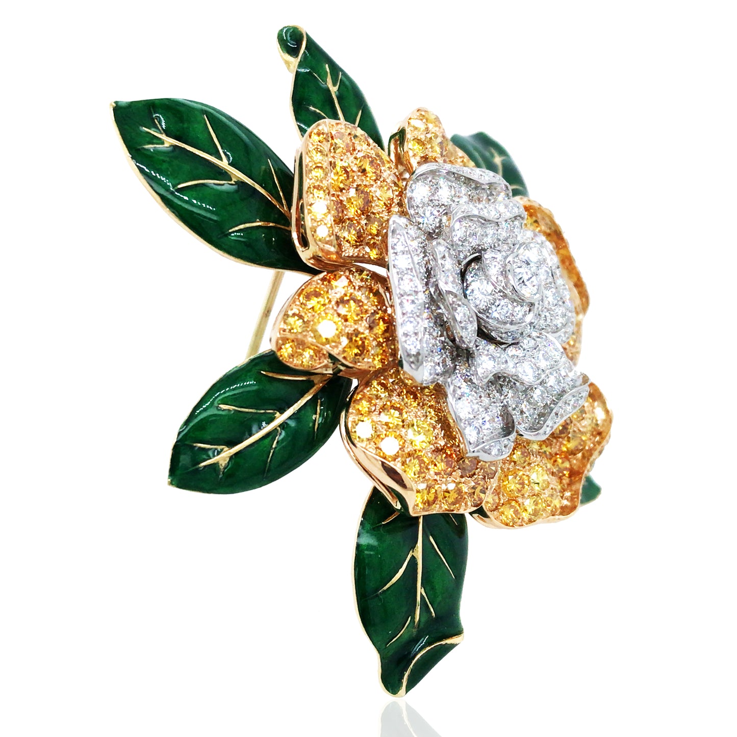 Oscar Heyman, Platinum 18K Gold Fancy Color Diamond Diamond Gardenia Brooch, Certificate