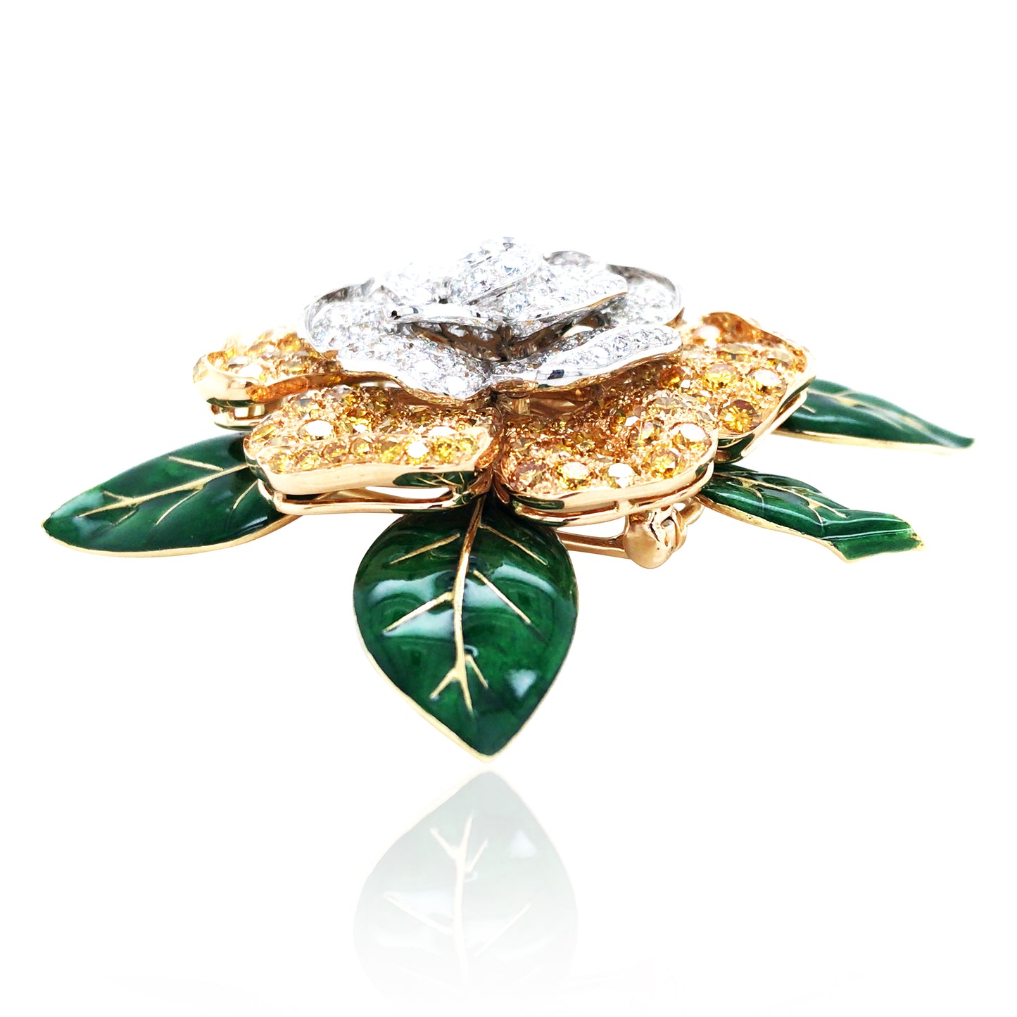 Oscar Heyman, Platinum 18K Gold Fancy Color Diamond Diamond Gardenia Brooch, Certificate