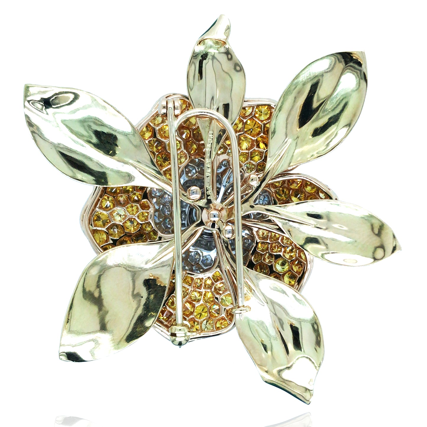 Oscar Heyman, Platinum 18K Gold Fancy Color Diamond Diamond Gardenia Brooch, Certificate
