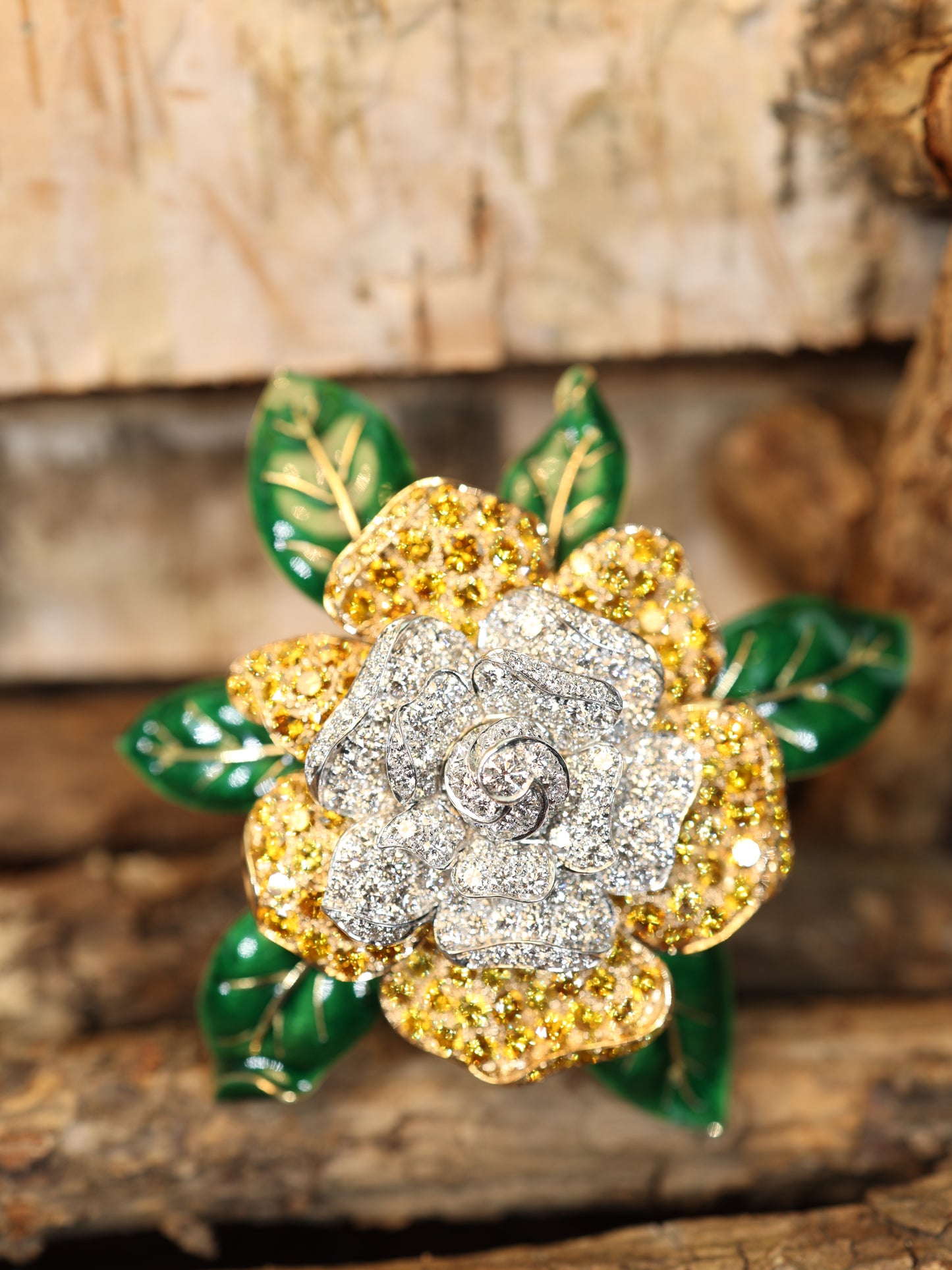 Oscar Heyman, Platinum 18K Gold Fancy Color Diamond Diamond Gardenia Brooch, Certificate