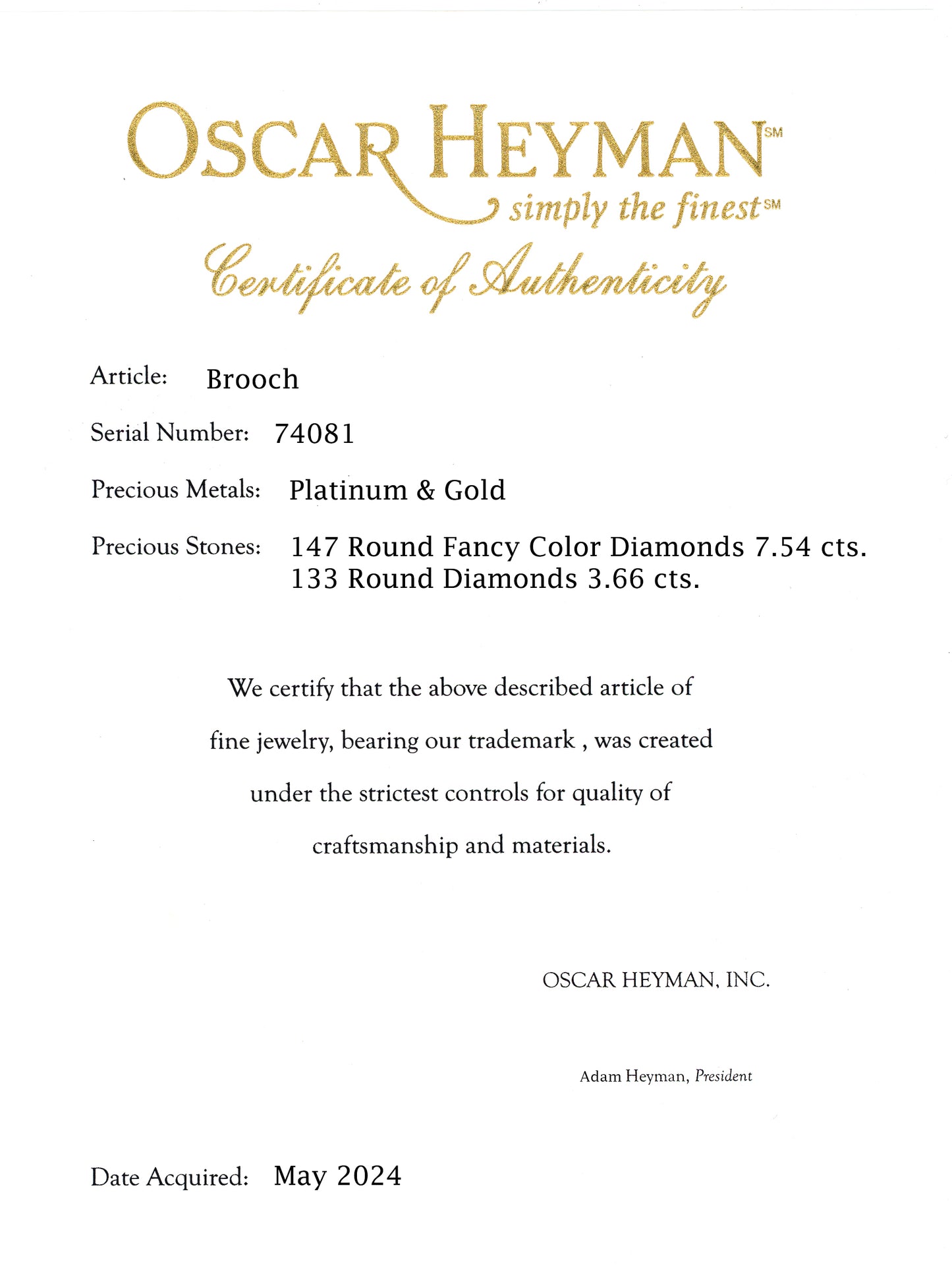 Oscar Heyman, Platinum 18K Gold Fancy Color Diamond Diamond Gardenia Brooch, Certificate