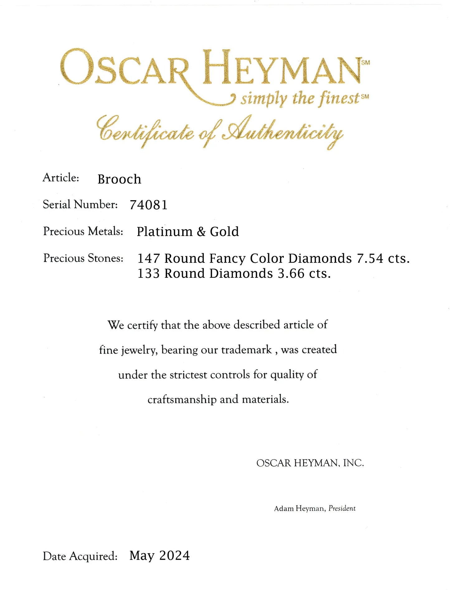 Oscar Heyman, Platinum 18K Gold Fancy Color Diamond Diamond Gardenia Brooch, Certificate Oscar Heyman