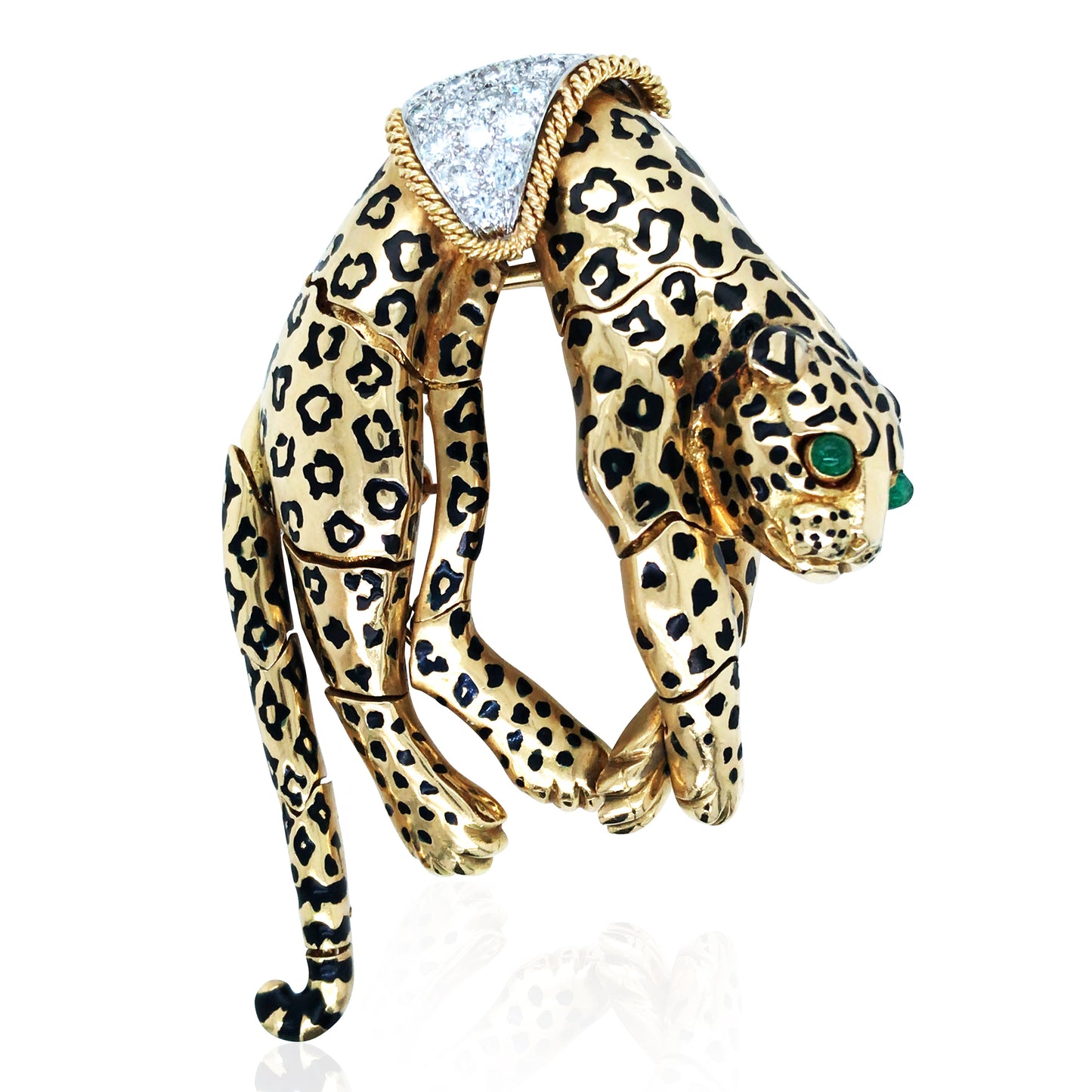 David Webb, 18K Gold Enamel Emerald Diamond Leopard Brooch