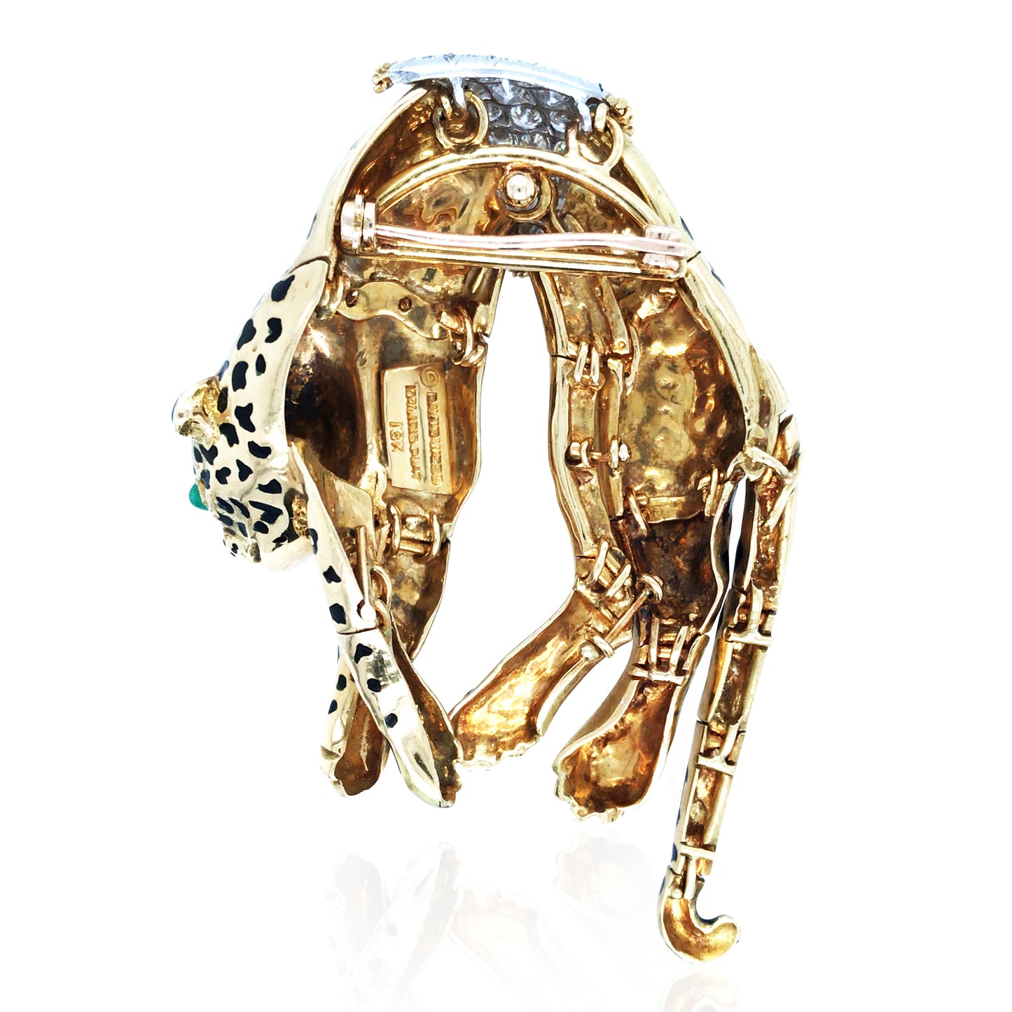 David Webb, 18K Gold Enamel Emerald Diamond Leopard Brooch