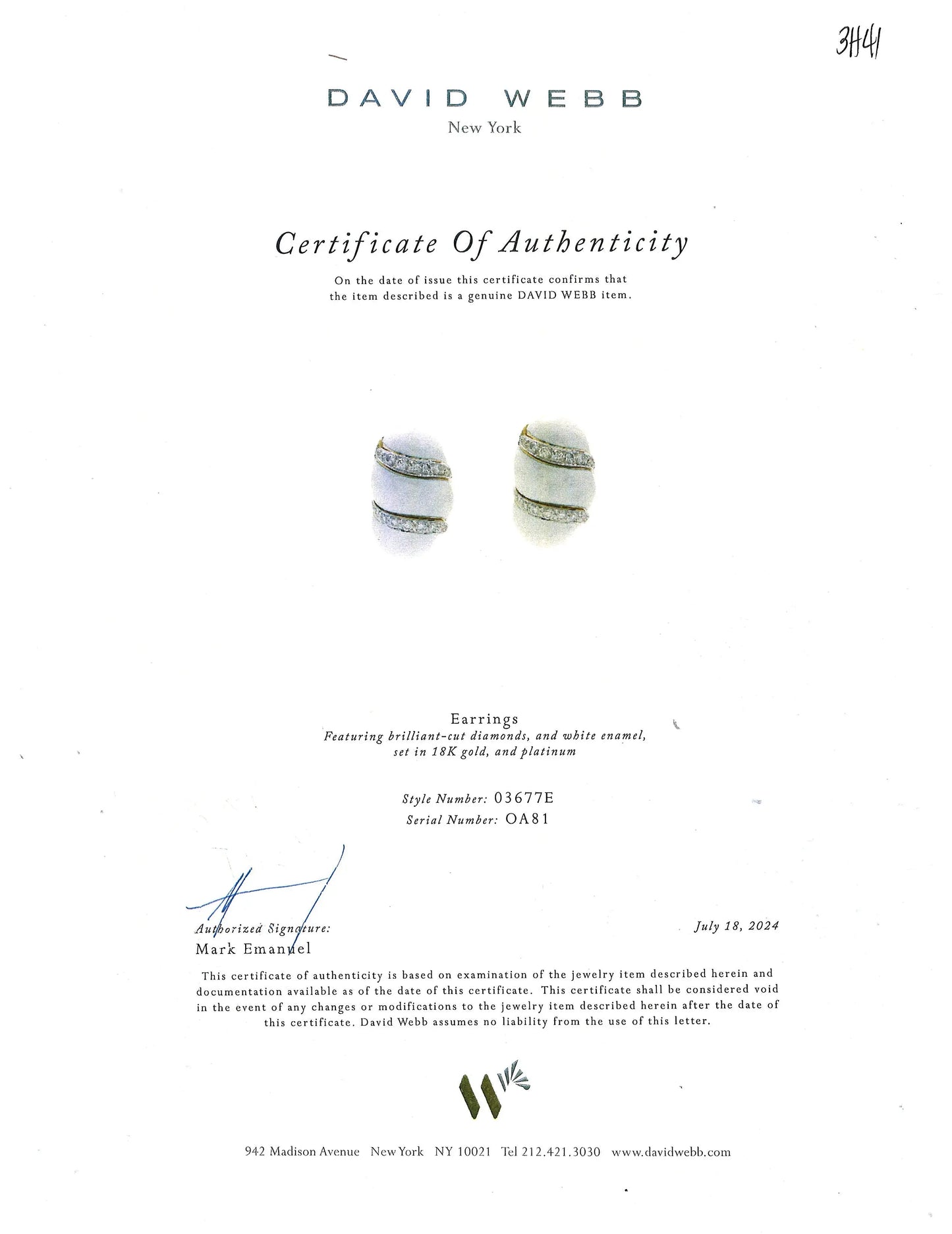 David Webb, Platinum 18K Gold Enamel Diamond Earrings, Certificate David Webb