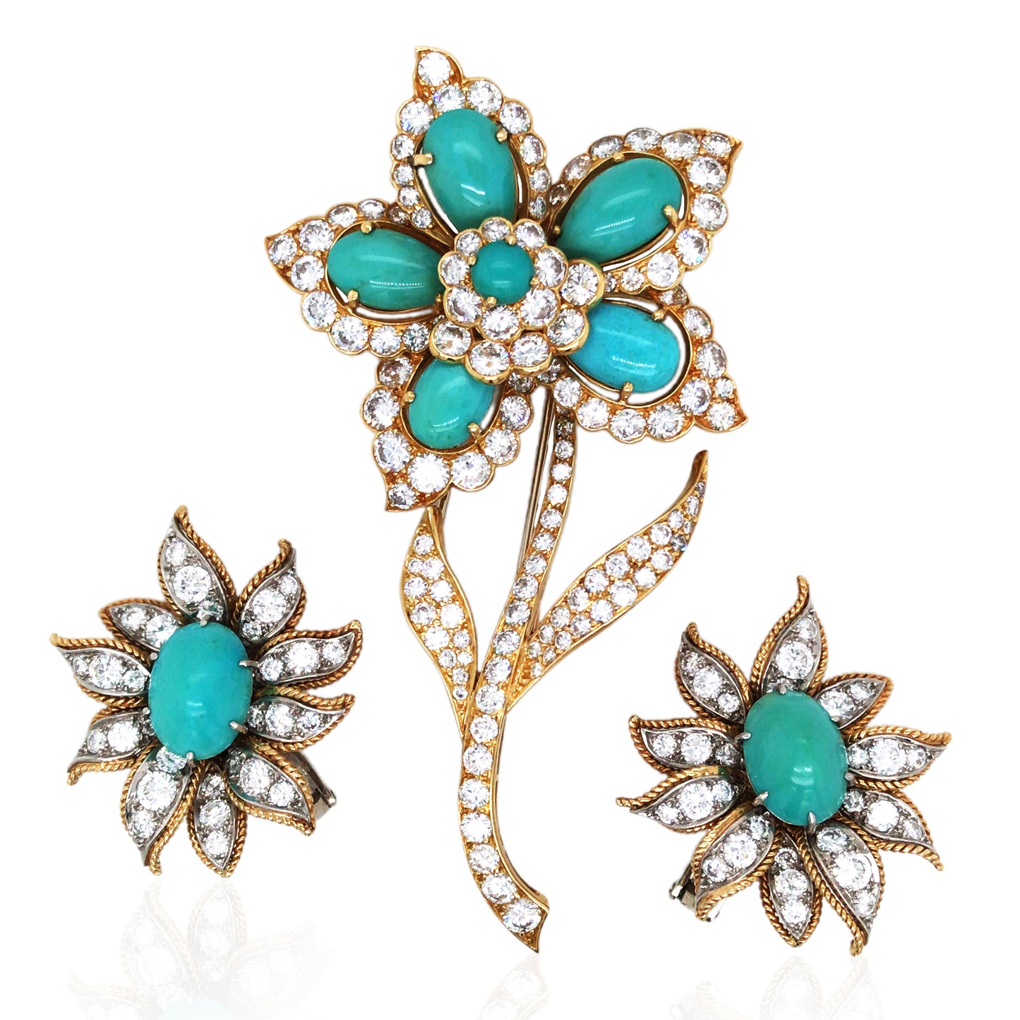 Van Cleef & Arpels, 18K Gold Turquoise Diamond Brooch and Earrings
