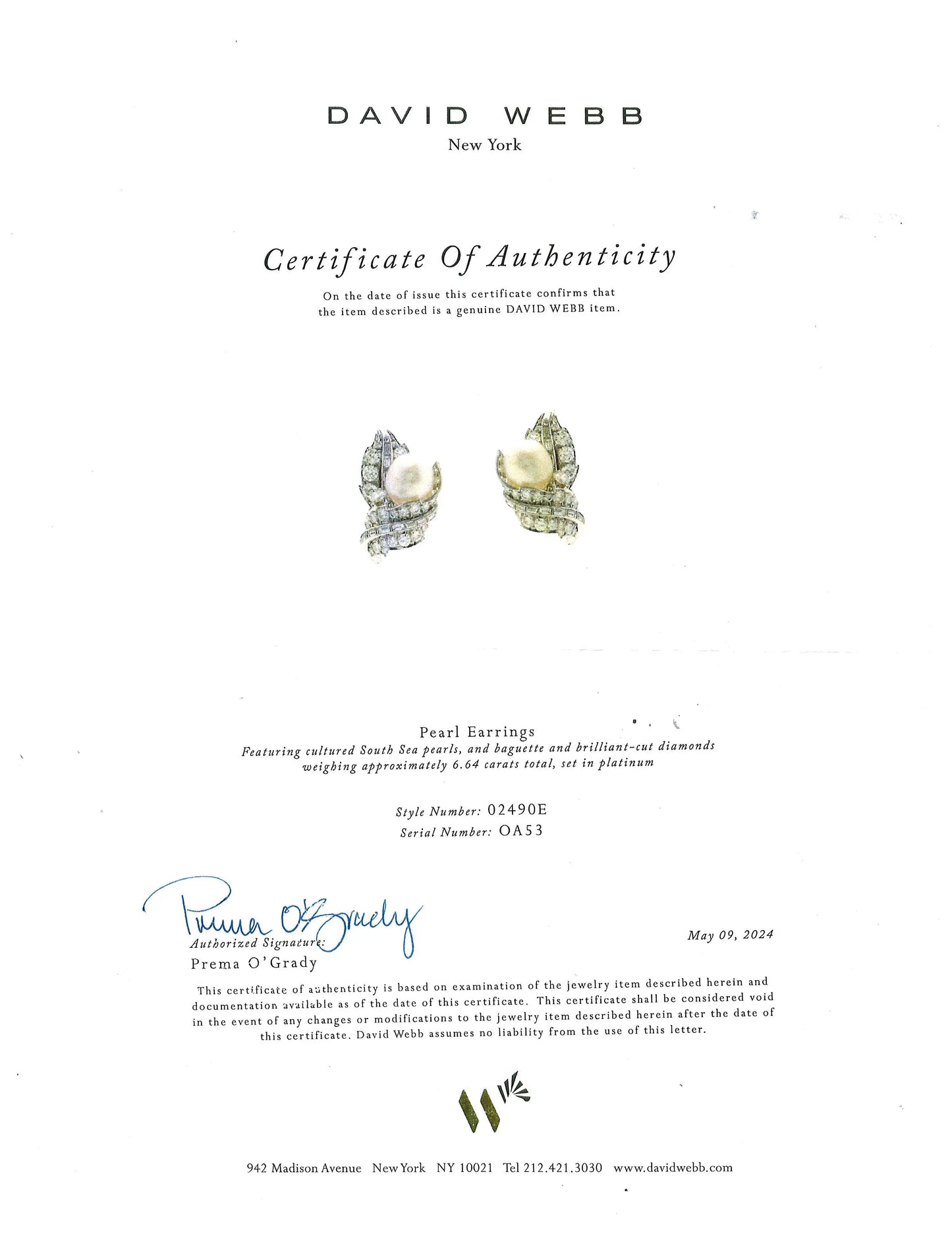 David Webb, Pearl Diamond Earrings, Certificate David Webb