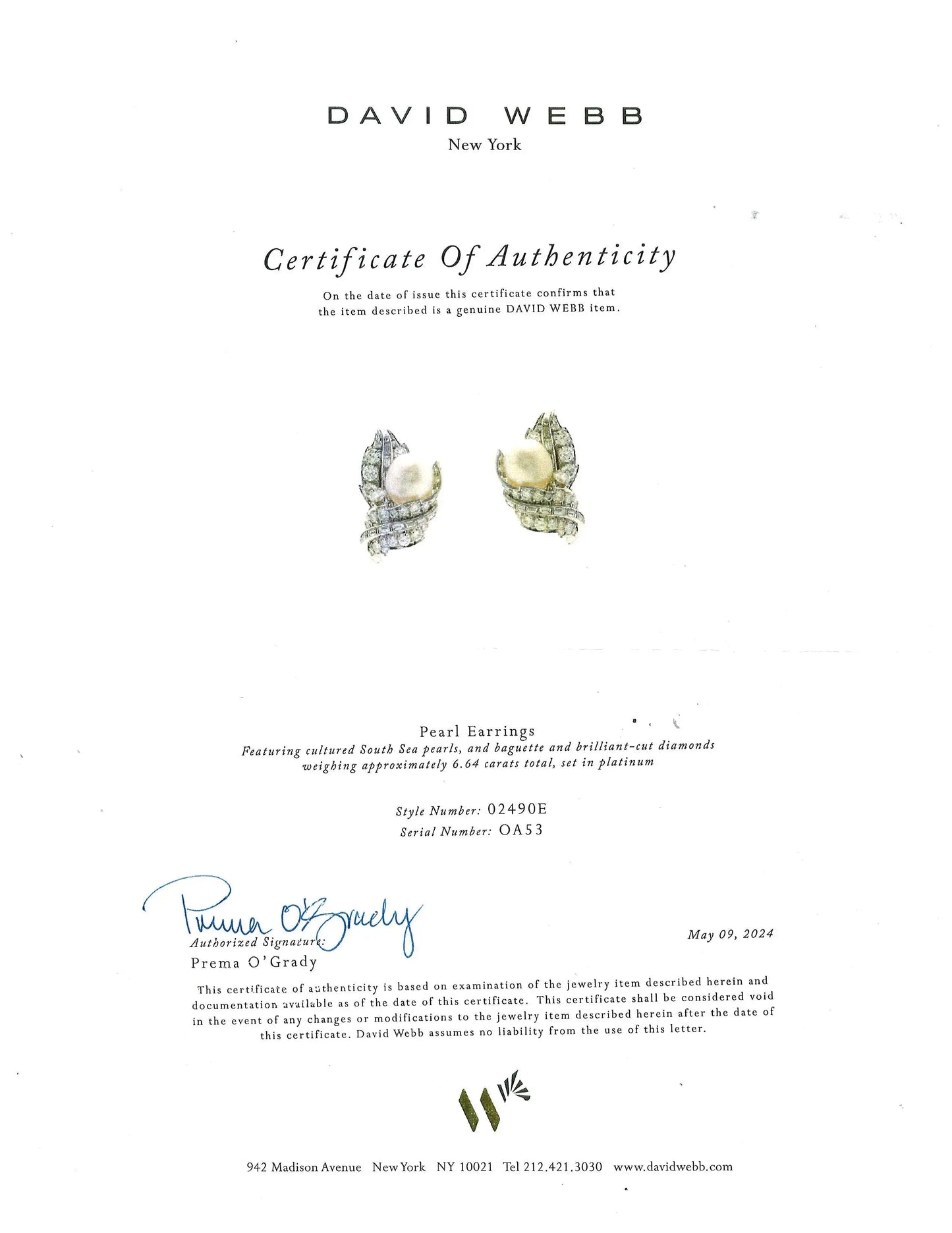 David Webb, Pearl Diamond Earrings, Certificate David Webb