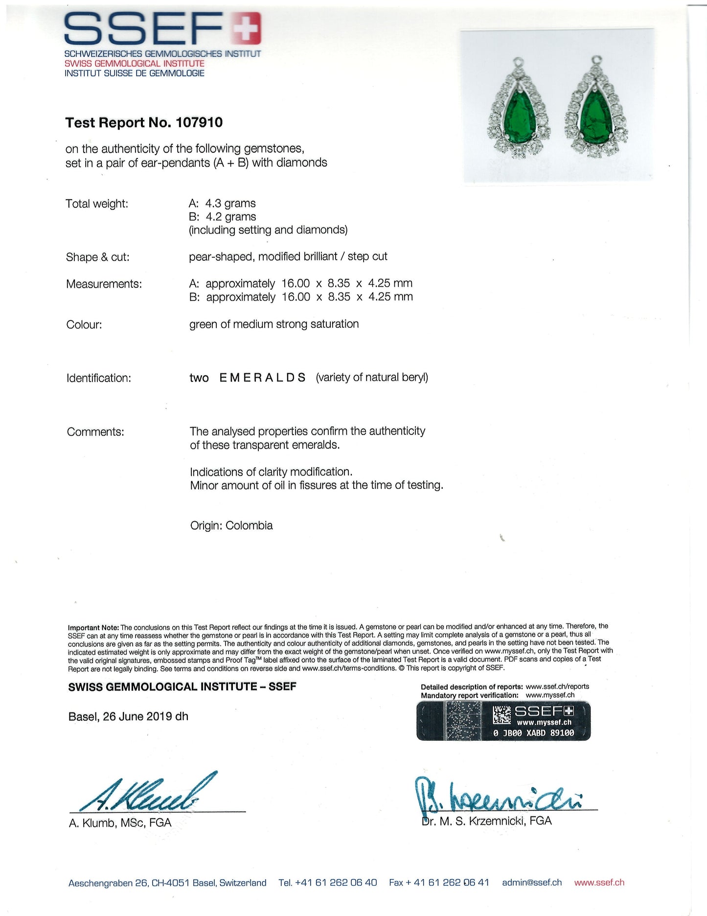 Van Cleef & Arpels, Platinum Emerald Diamond Earrings, AGL, SSEF VCA