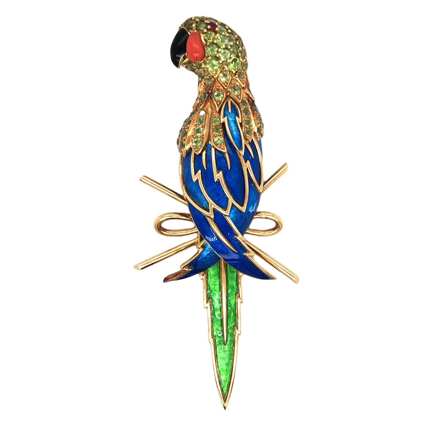 Tiffany Schlumberger, 18K Gold Enamel Peridot coral and Ruby Parrot Brooch