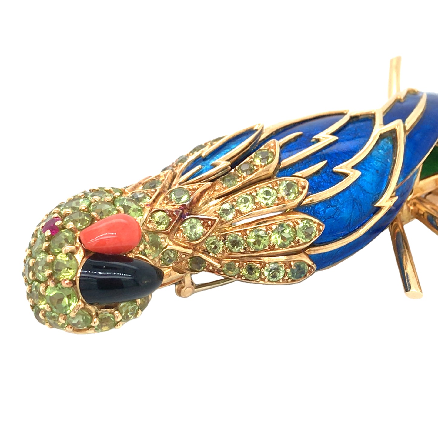 Tiffany Schlumberger, 18K Gold Enamel Peridot coral and Ruby Parrot Brooch