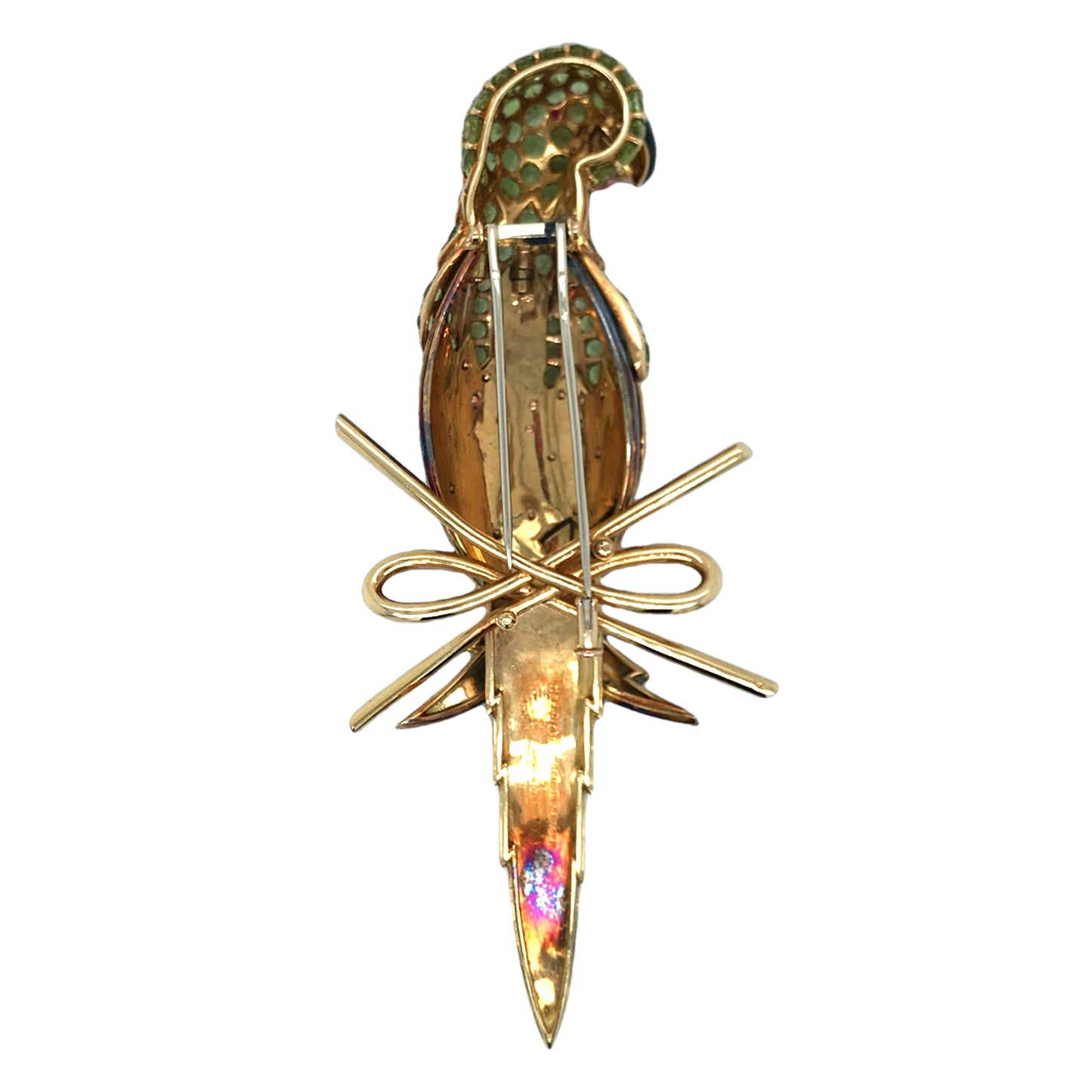 Tiffany Schlumberger, 18K Gold Enamel Peridot coral and Ruby Parrot Brooch