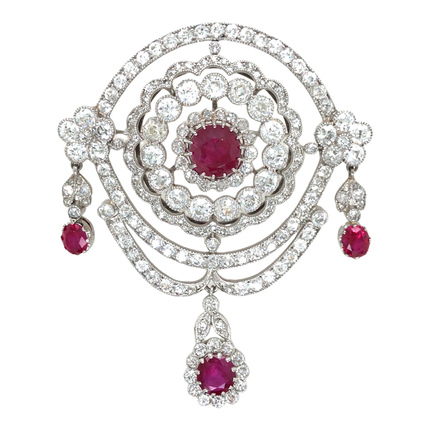 Edwardian Platinum Ruby Diamond Brooch, SSEF Lueur Jewelry