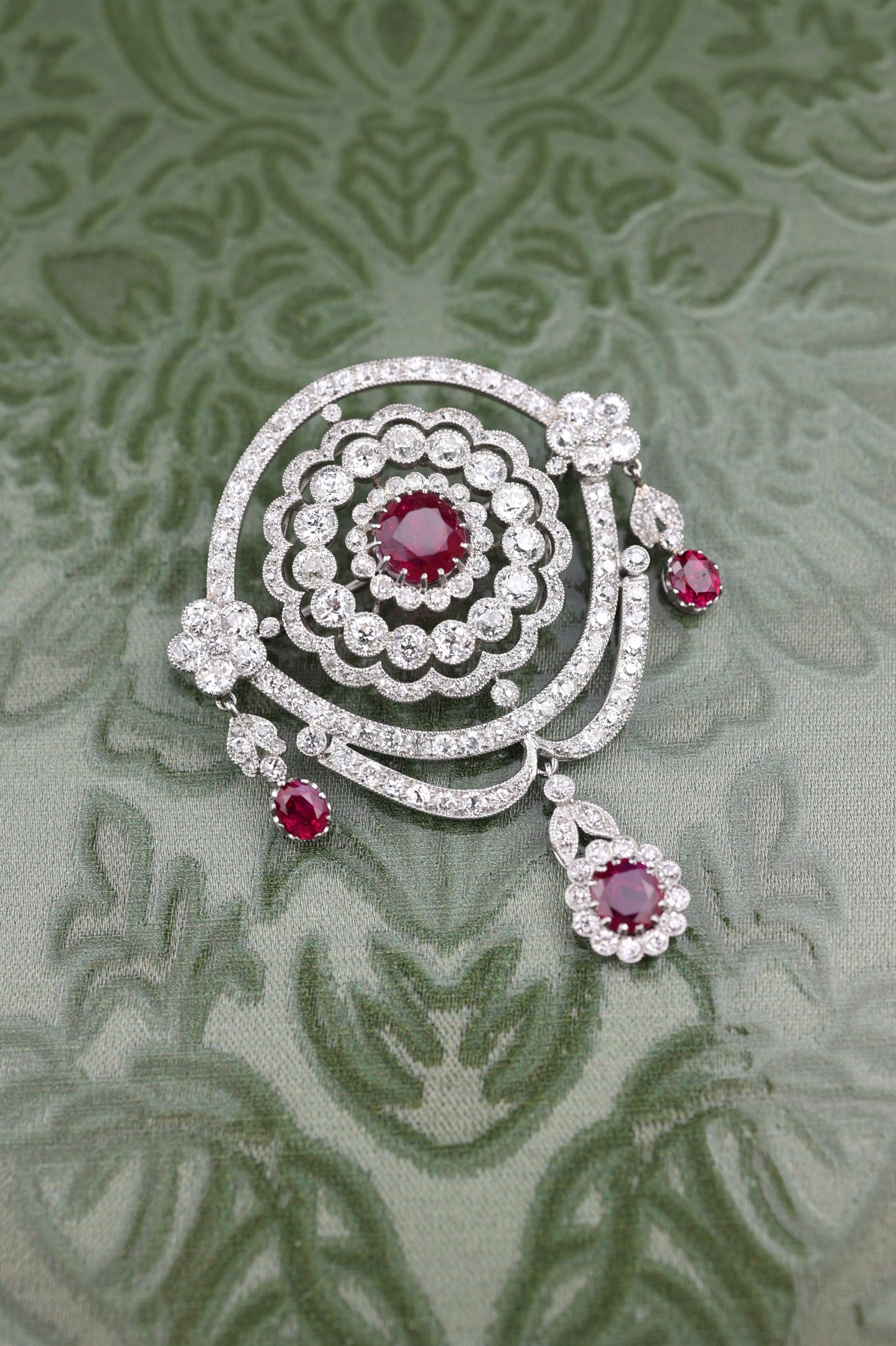Edwardian Platinum Ruby Diamond Brooch, SSEF