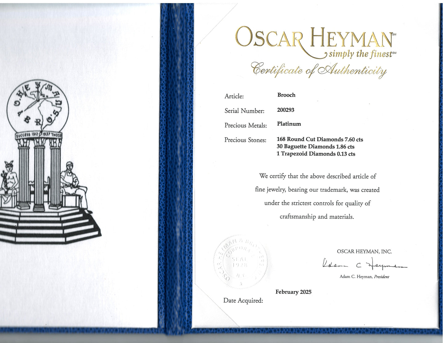 Oscar Heyman, Platinum Diamond Feather Brooch, Certificate Oscar Heyman