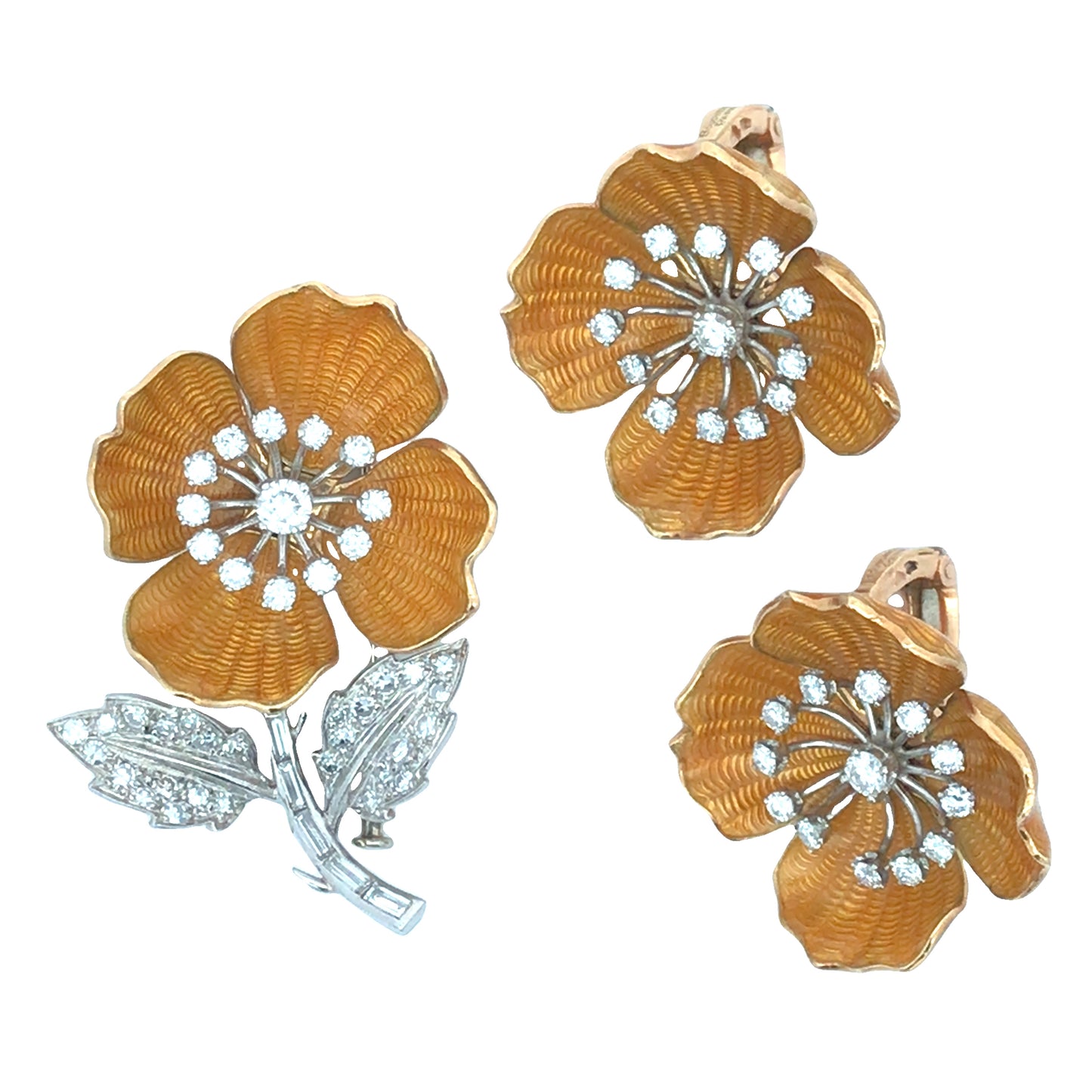 Boucheron, 18K Gold Enamel Diamond Flower Brooch and Earrings
