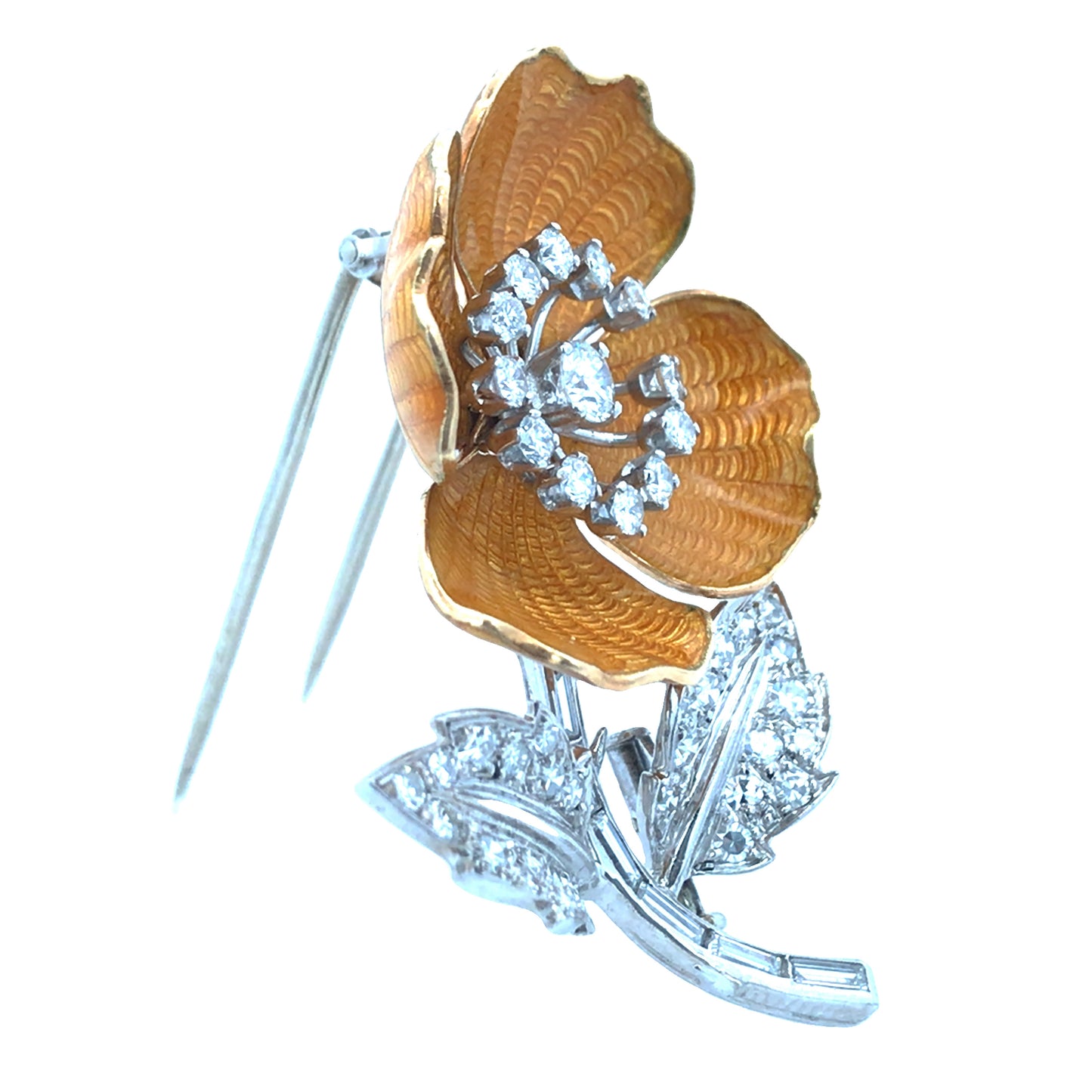 Boucheron, 18K Gold Enamel Diamond Flower Brooch and Earrings