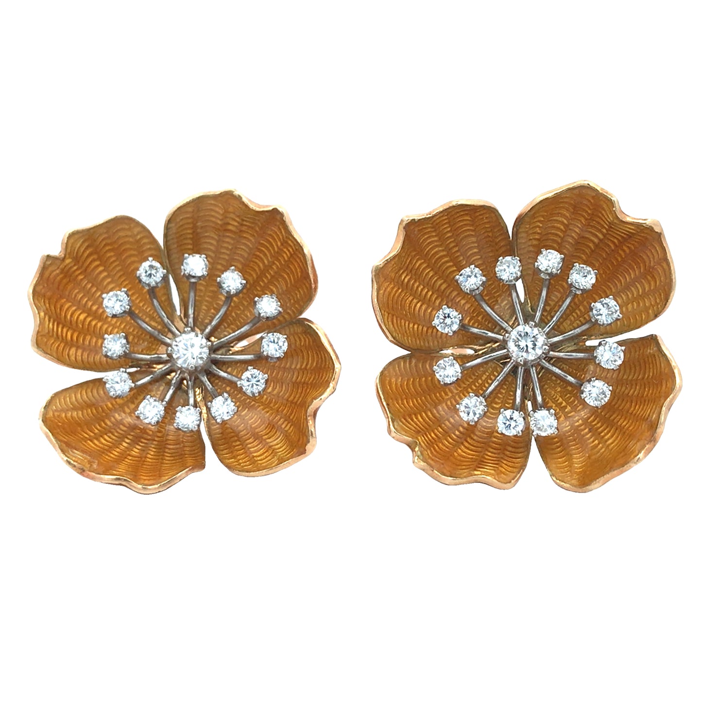 Boucheron, 18K Gold Enamel Diamond Flower Brooch and Earrings