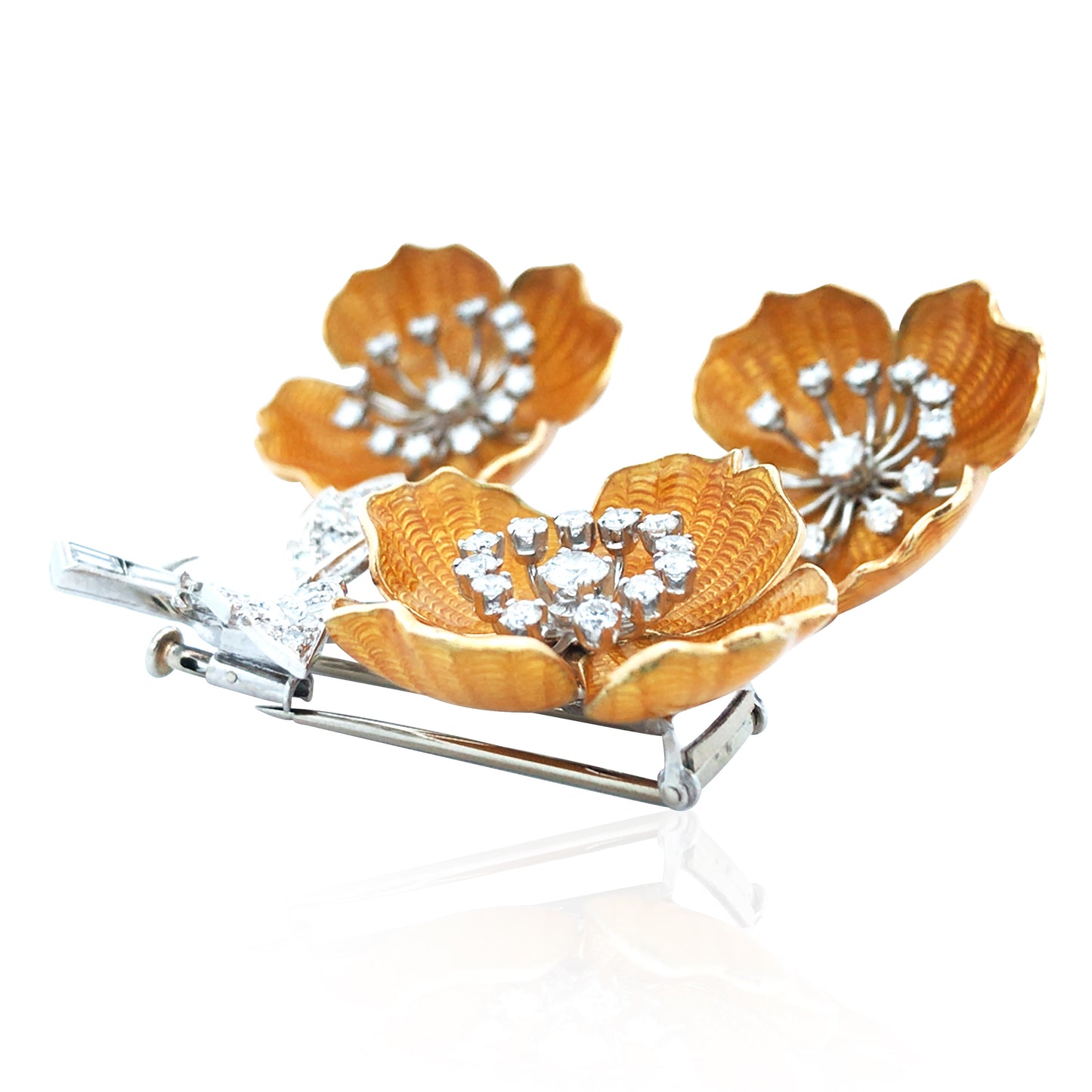 Boucheron, 18K Gold Enamel Diamond Flower Brooch and Earrings