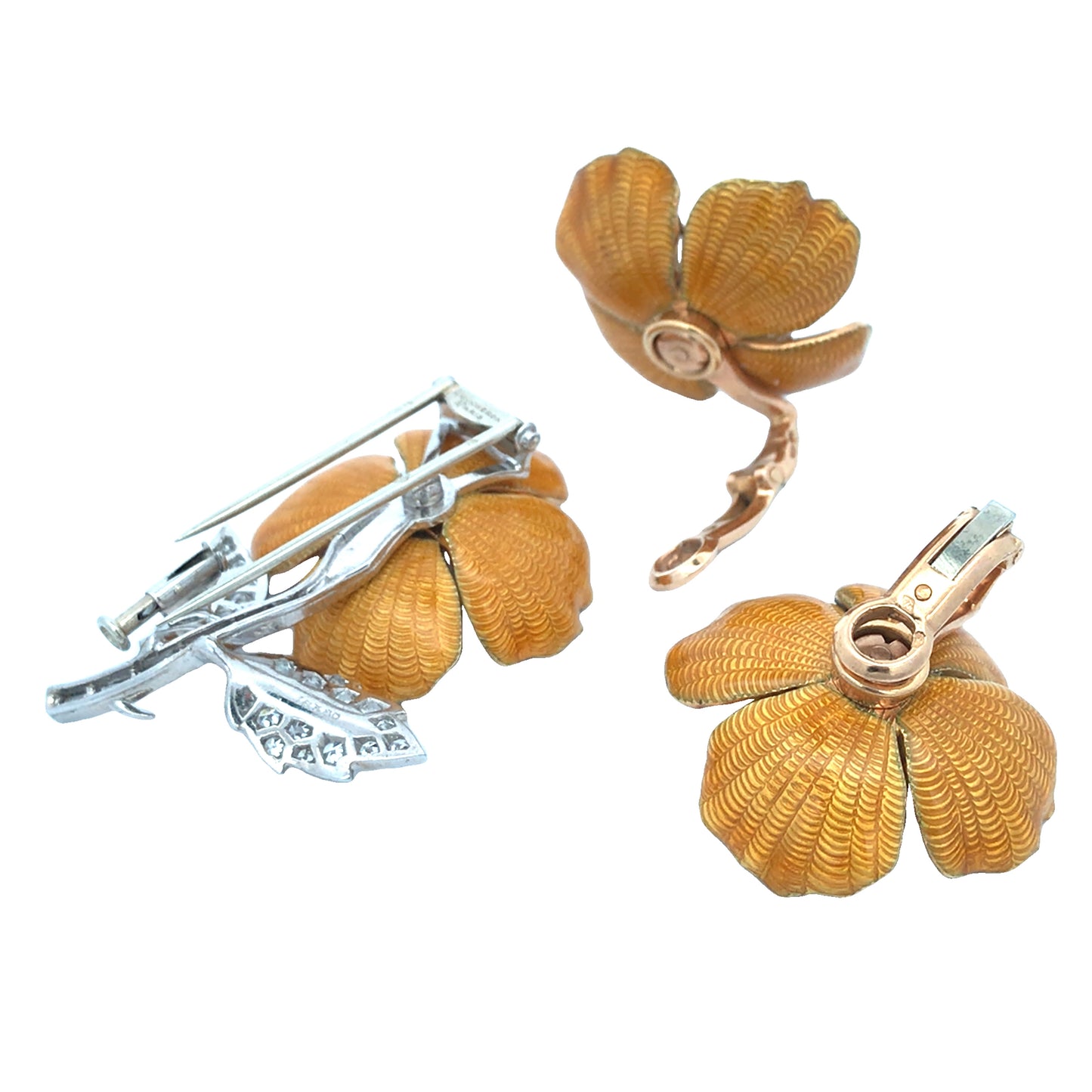 Boucheron, 18K Gold Enamel Diamond Flower Brooch and Earrings