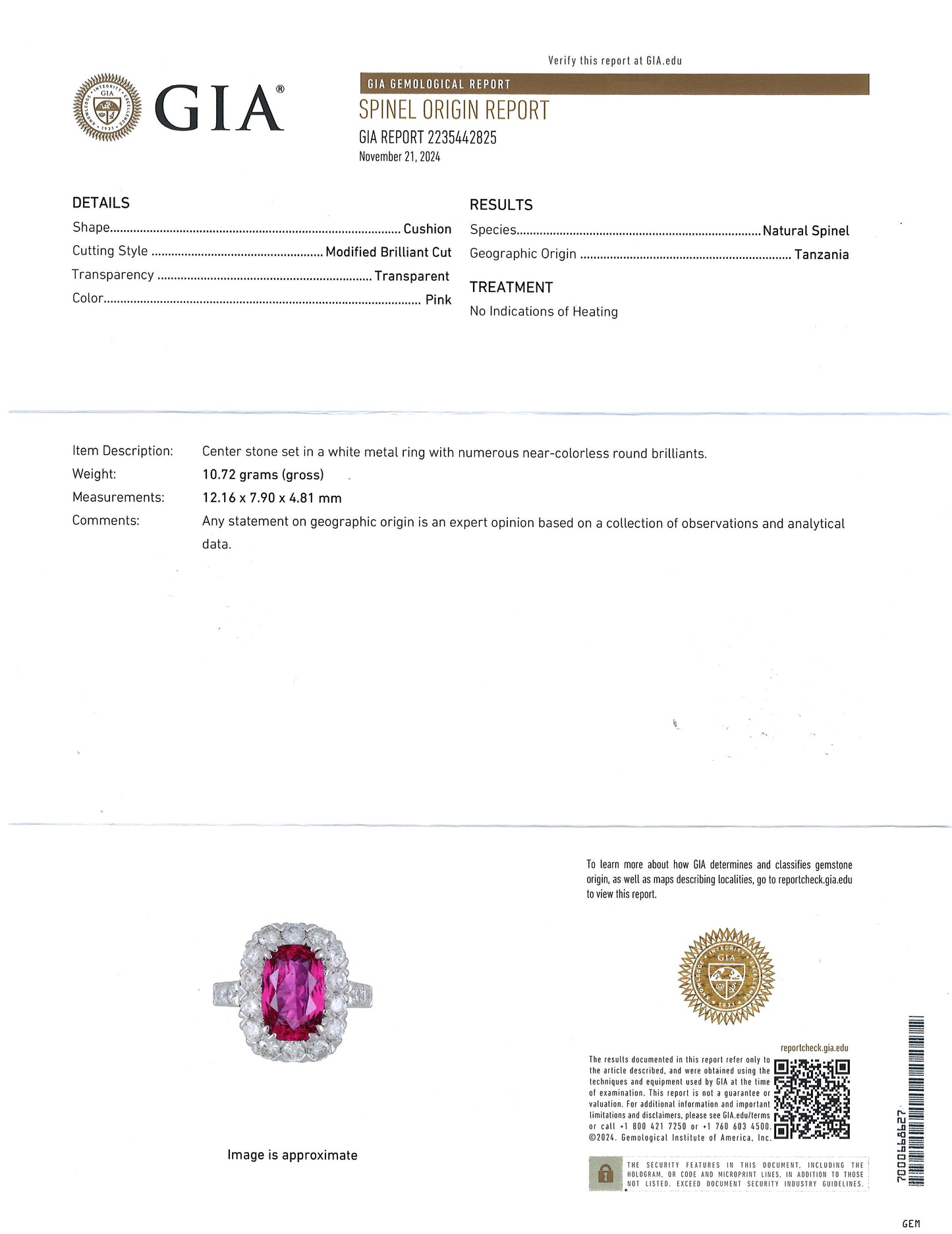 18K Gold Spinel Diamond Ring, GIA