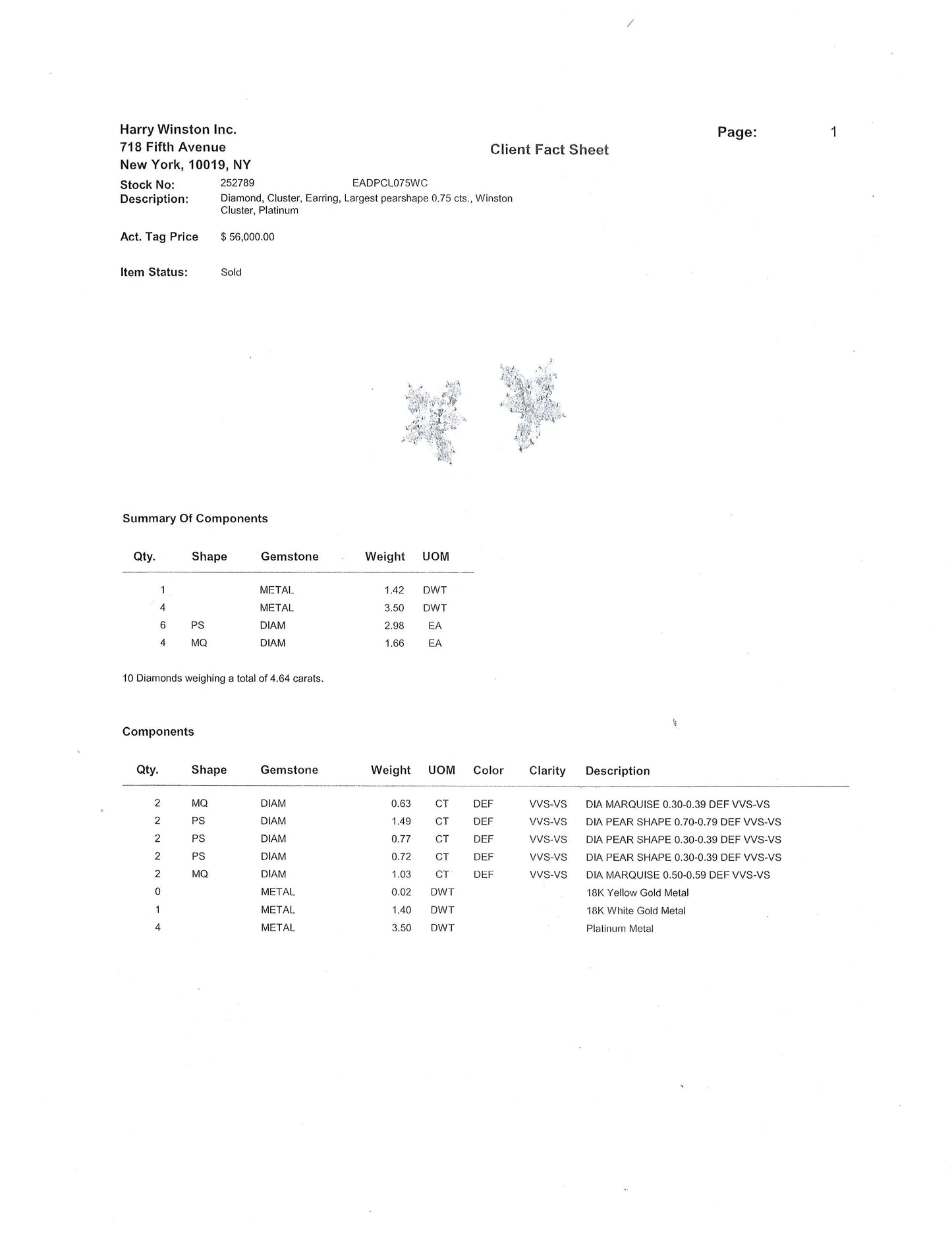 Harry Winston, Platinum Diamond Earrings, Valuation Harry Winston
