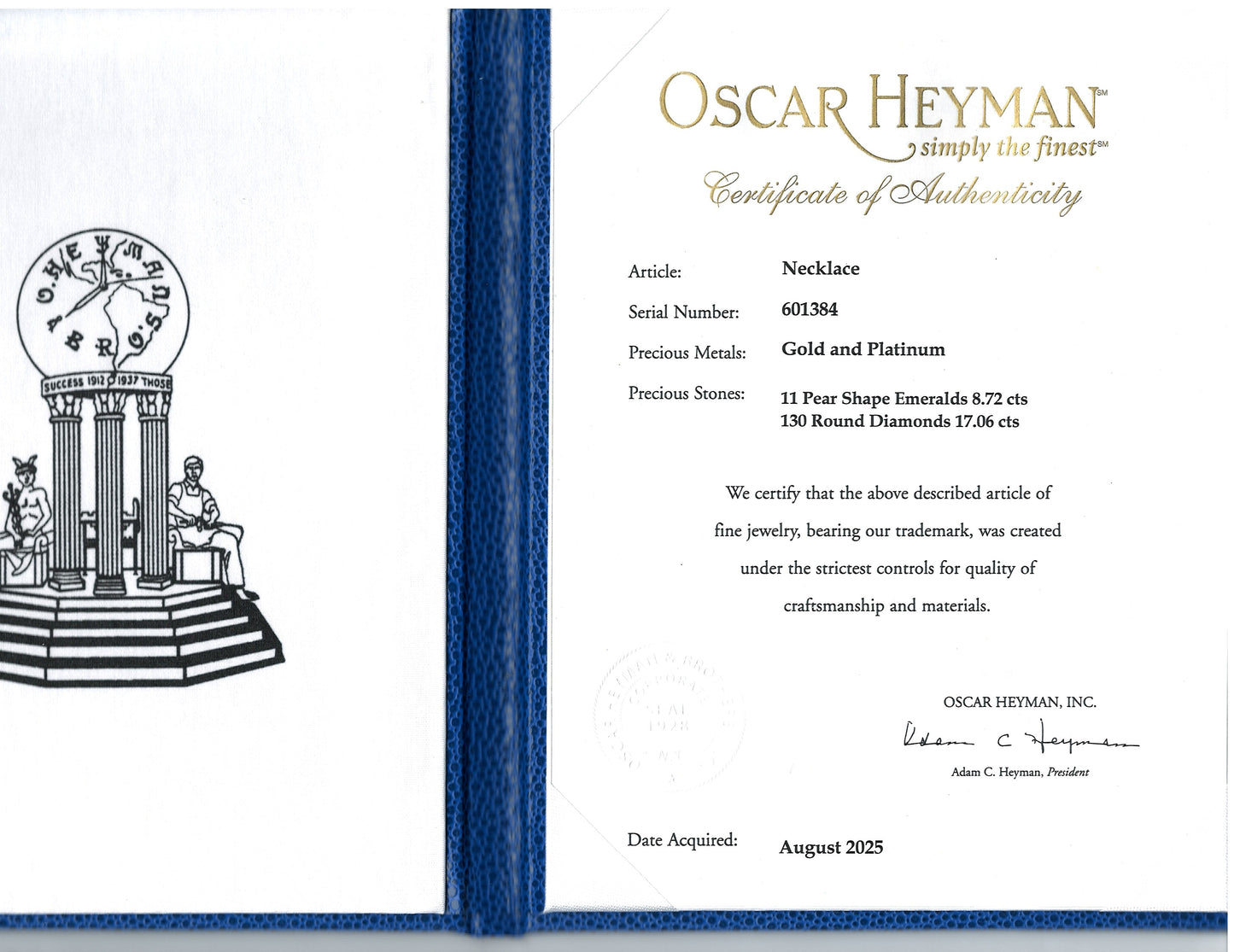 Oscar Heyman, Platinum Gold Emerald Diamond Necklace, Certificate Oscar Heyman
