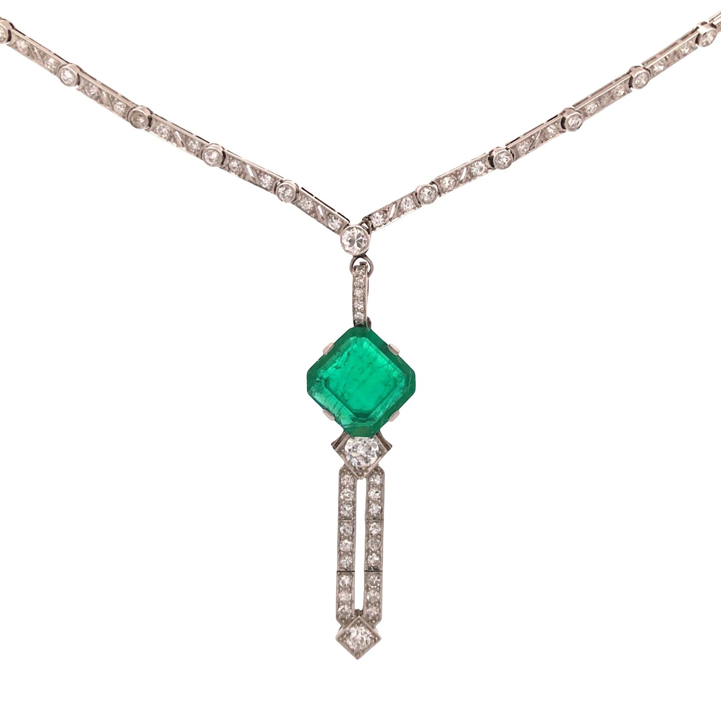 Art Deco Platinum Emerald Diamond Necklace Lueur Jewelry