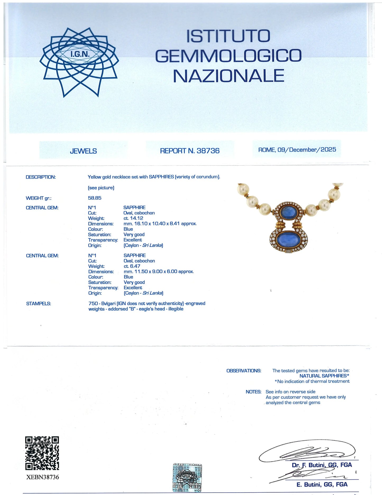 Bvlgari, 18K Gold Ceyon no-heat Sapphire Pearl Diamond Necklace, IGN Bvlgari