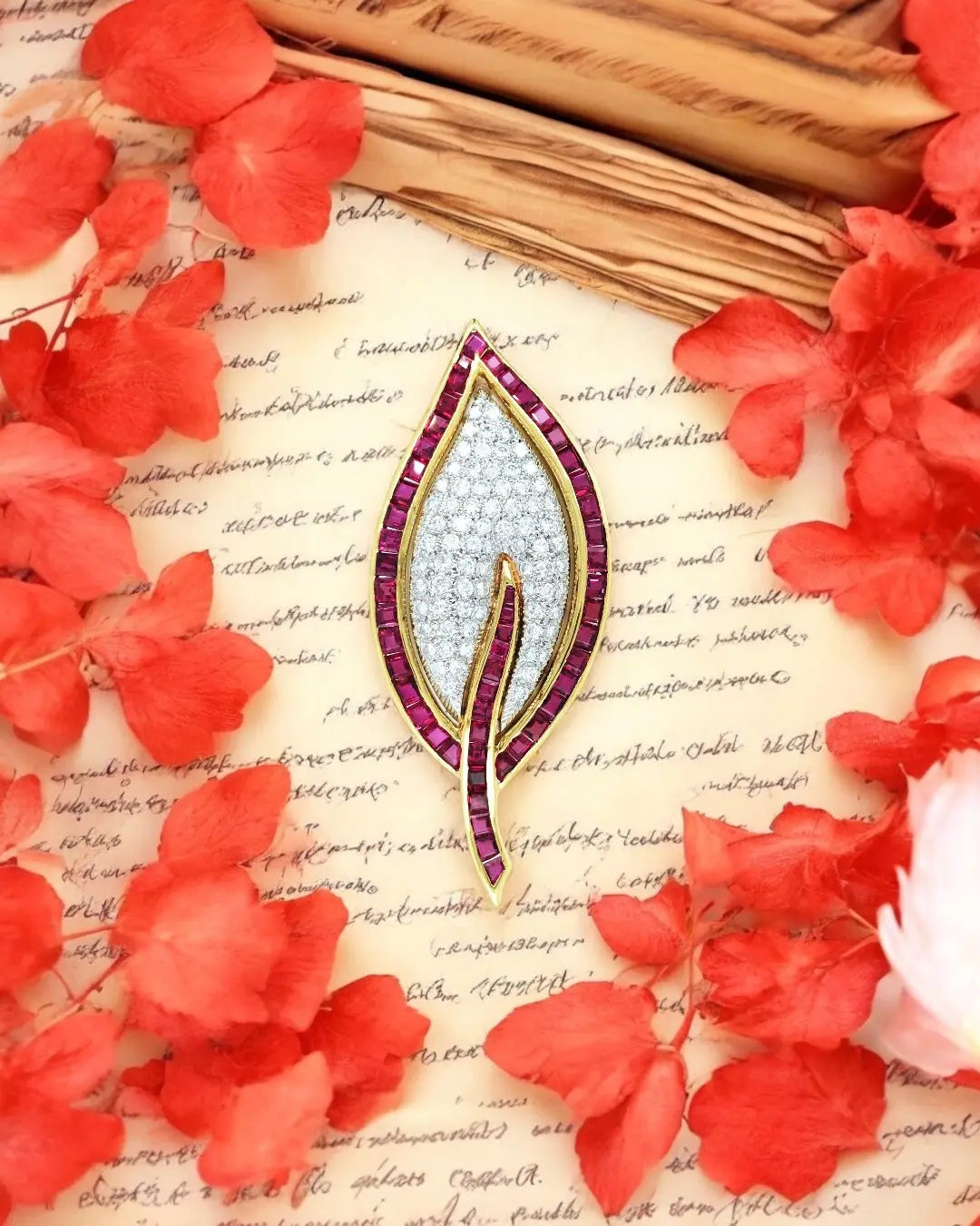 18K Gold Ruby Diamond Leaf Brooch Lueur Jewelry