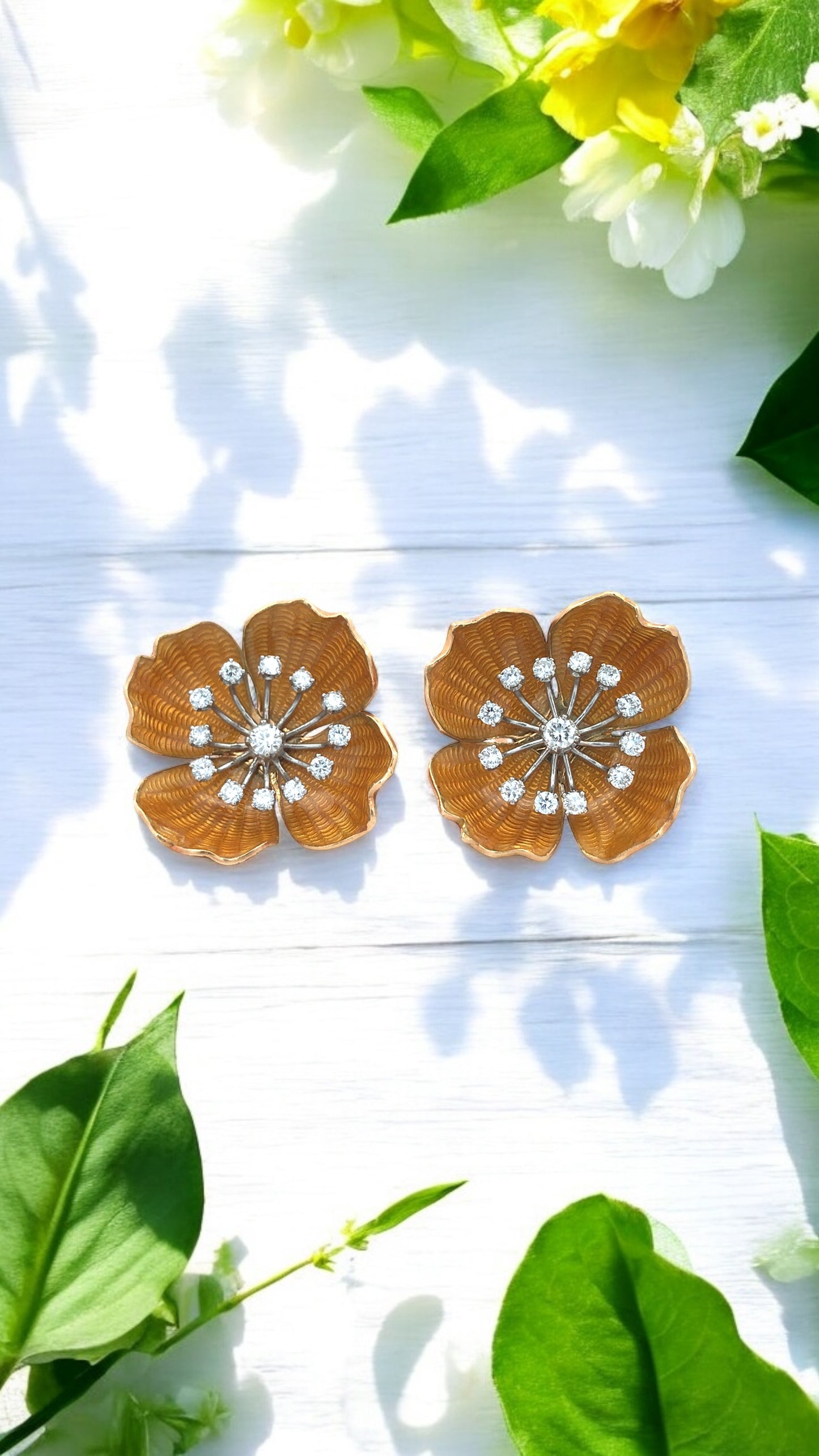 Boucheron, 18K Gold Enamel Diamond Flower Brooch and Earrings