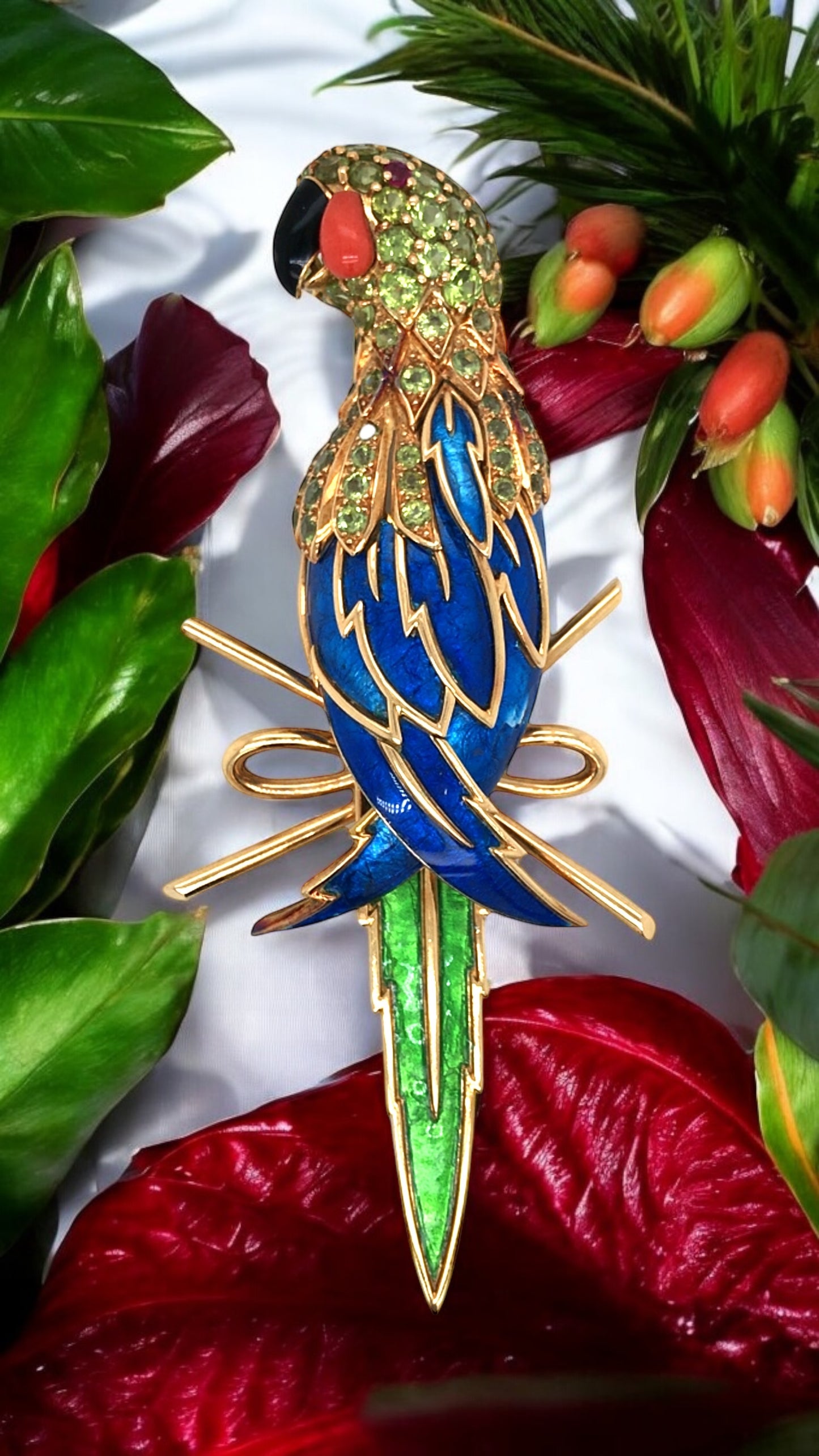 Tiffany Schlumberger, 18K Gold Enamel Peridot coral and Ruby Parrot Brooch
