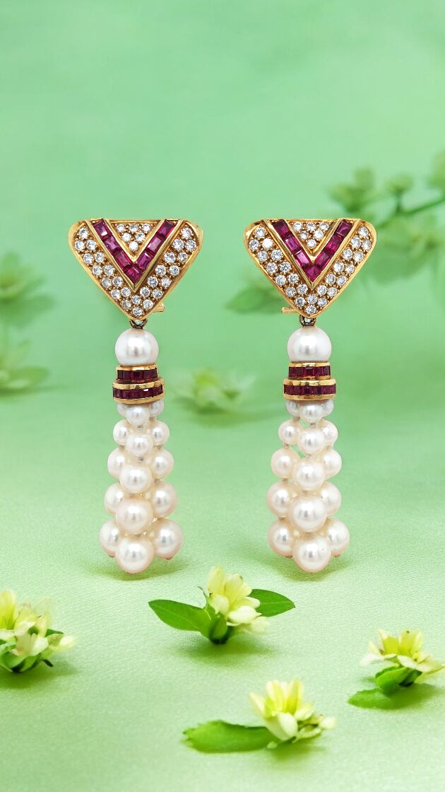 18K Gold Ruby Pearl Diamond Earrings