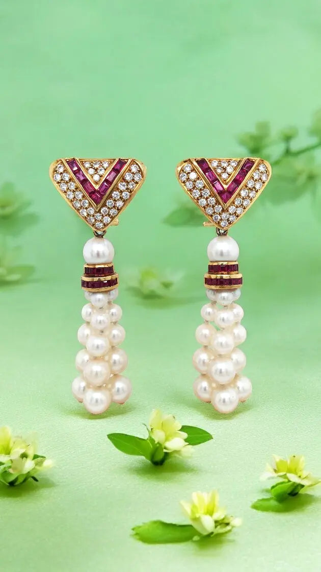 18K Gold Ruby Pearl Diamond Earrings Lueur Jewelry