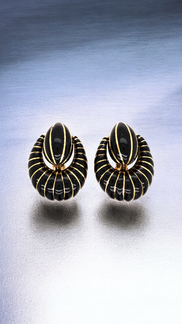 David Webb, 18K Gold Black Enamel Earrings