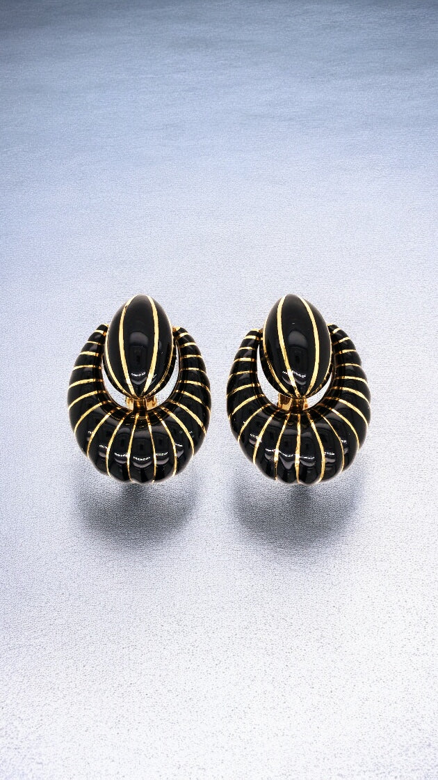 David Webb, 18K Gold Black Enamel Earrings