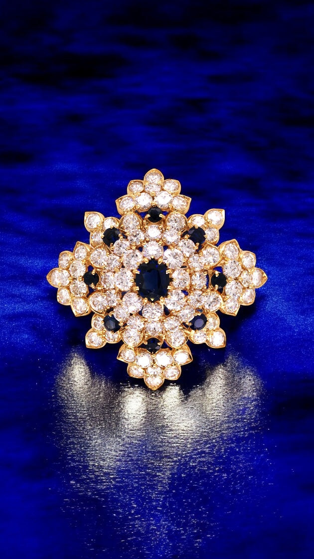 18K Gold Sapphire Diamond Brooch