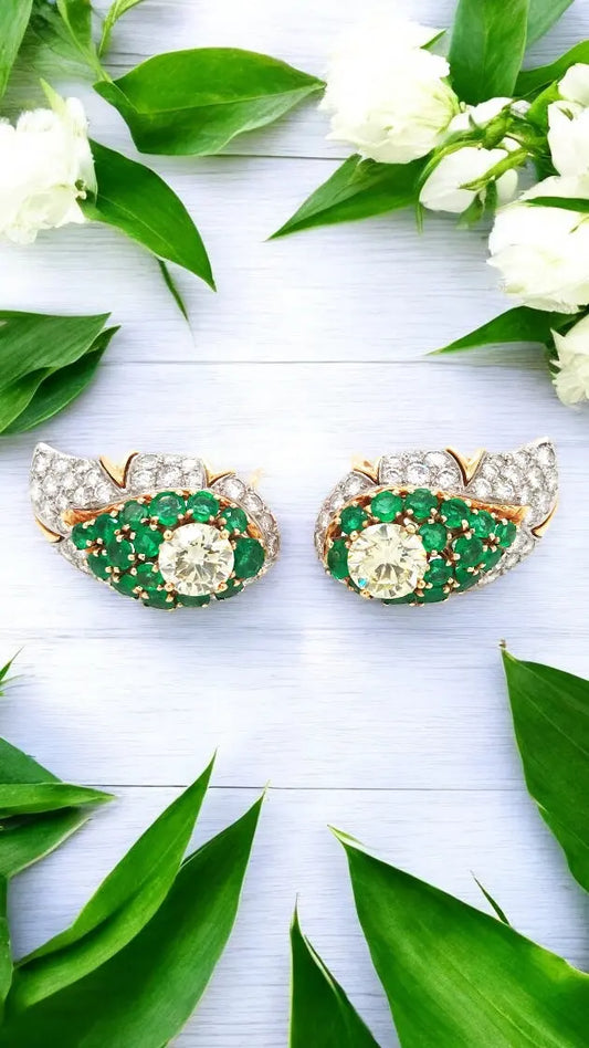 Color Diamond, Diamond Emerald Gold Earrings,André Vassort Lueur Jewelry