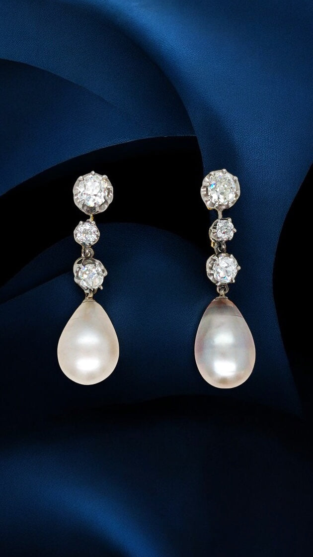 Platinum Natural Pearl Diamond Earrings, GIA Lueur Jewelry