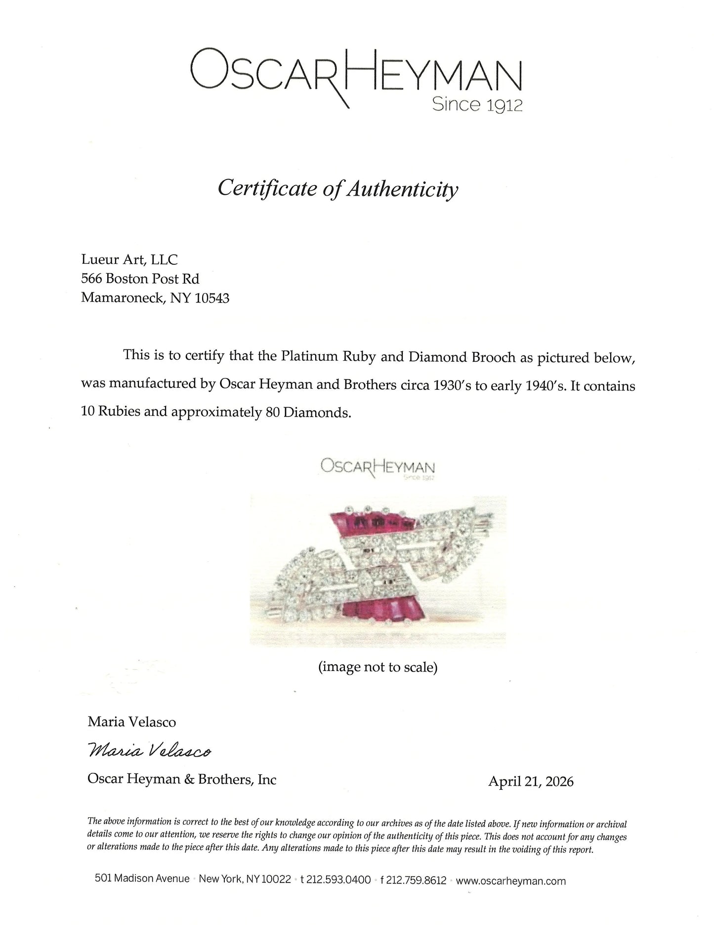 Oscar Heyman, Platinum Ruby Diamond Brooch, Certificate Oscar Heyman
