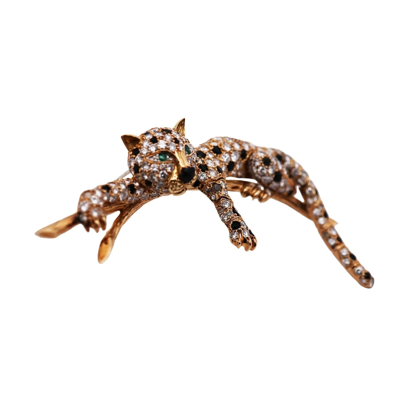 Van Cleef & Arpels, 18K Gold Diamond Onyx Emerald Feline Brooch