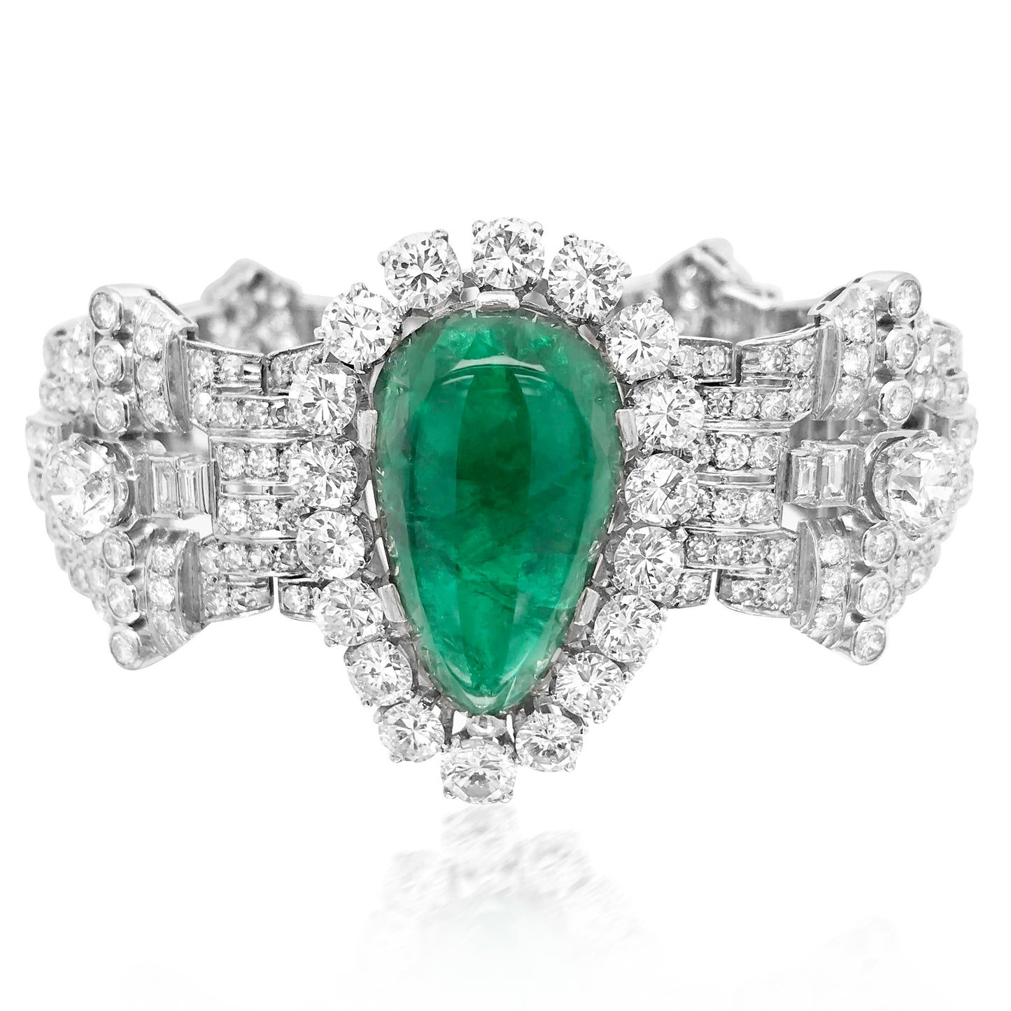 Clerc, Pear-shaped Platinum Diamond Emerald Bracelet - Lueur Jewelry