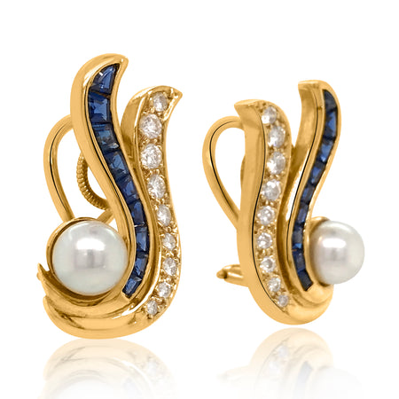 18K Gold Diamond Sapphire Pearl Earrings - Lueur Jewelry