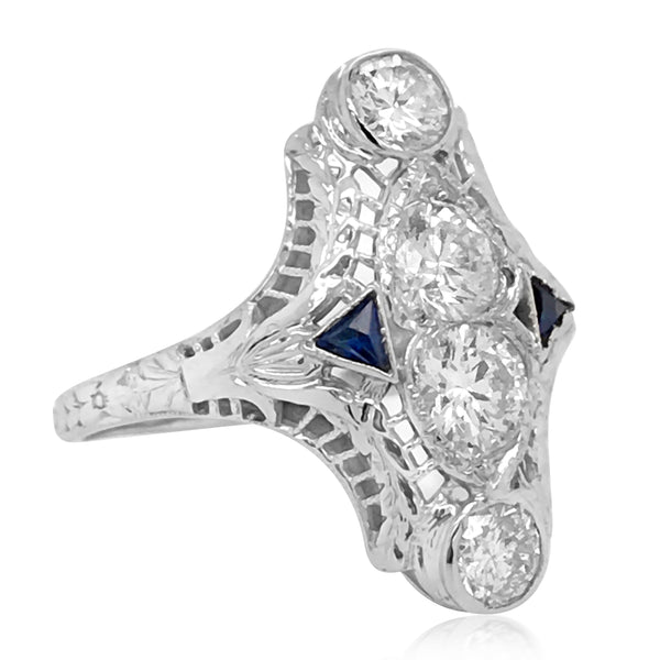 Art Deco Platinum Diamond  Sapphire Ring - Lueur Jewelry