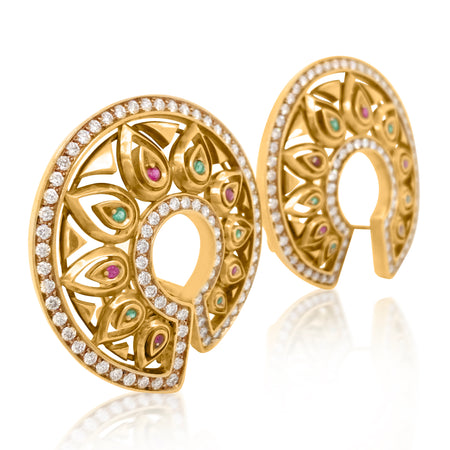 Cartier, Gold Round Earrings with Diamond Ruby and Emerald - Lueur Jewelry