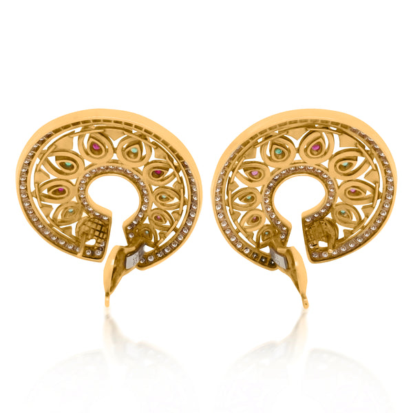 Cartier, Gold Round Earrings with Diamond Ruby and Emerald - Lueur Jewelry